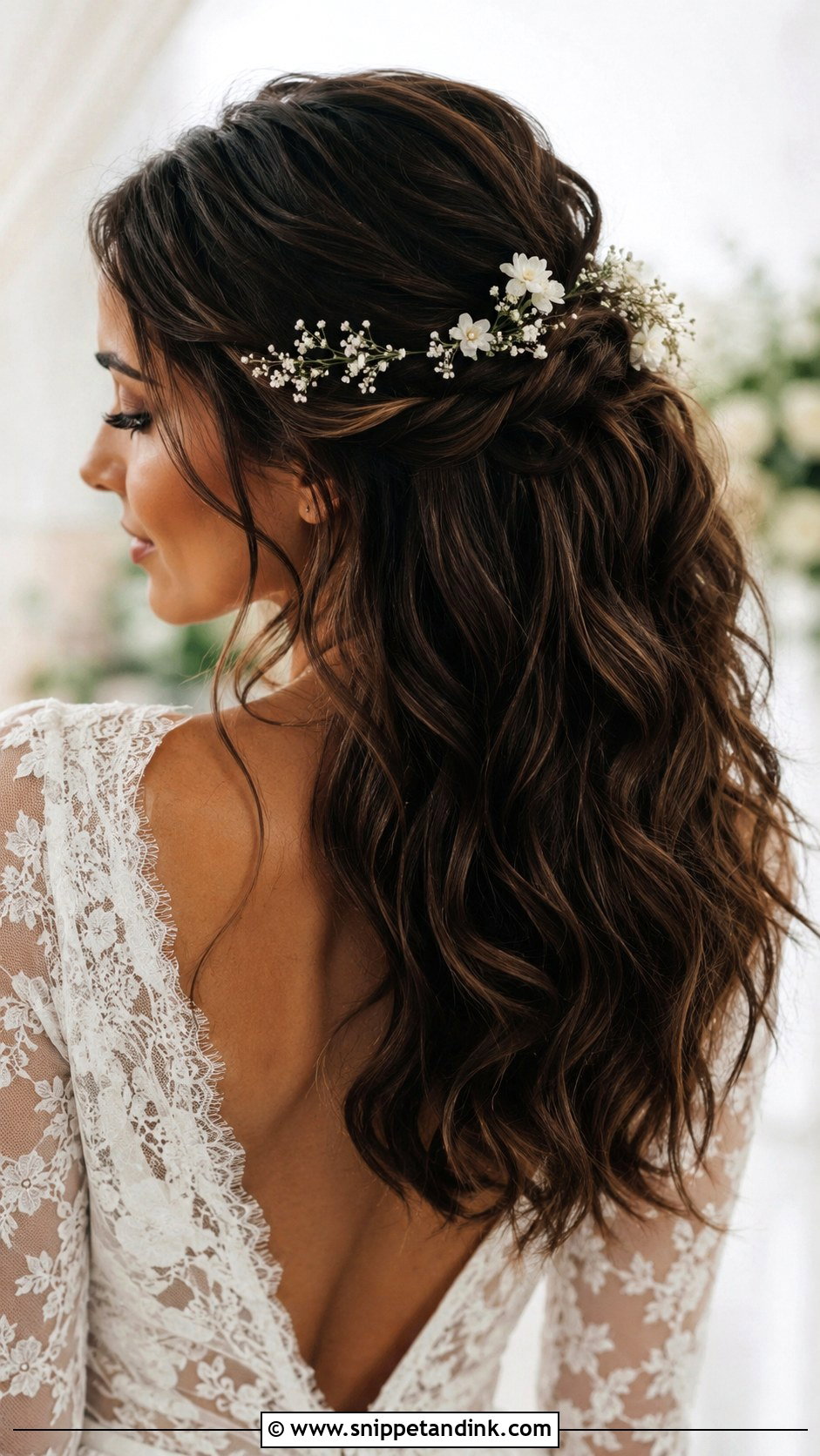 Half Up Bridal Hair With Floral Accessories - Snippet and Ink - 15 Half-Up Bridal Hair Inspo Ideas