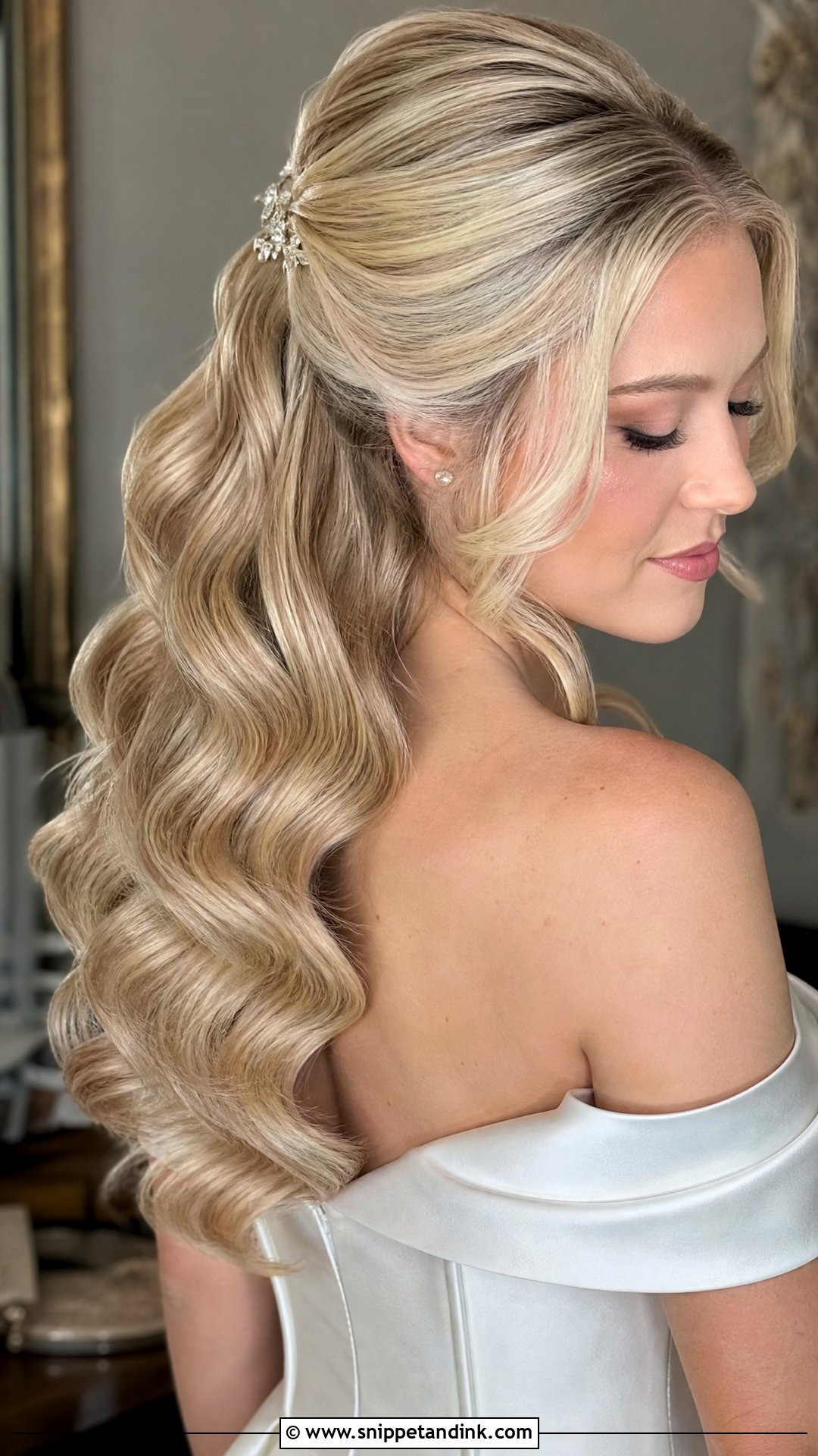 Half Up Bridal Hair With Hollywood Waves - Snippet and Ink - 15 Glam Half-Up Bridal Hair Ideas