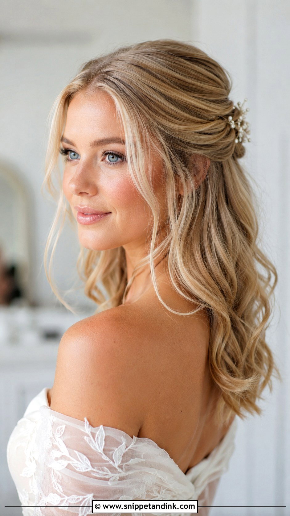 Half Up Bridal Hair With Loose Waves - Snippet and Ink - 15 Half-Up Bridal Hair Inspo Ideas