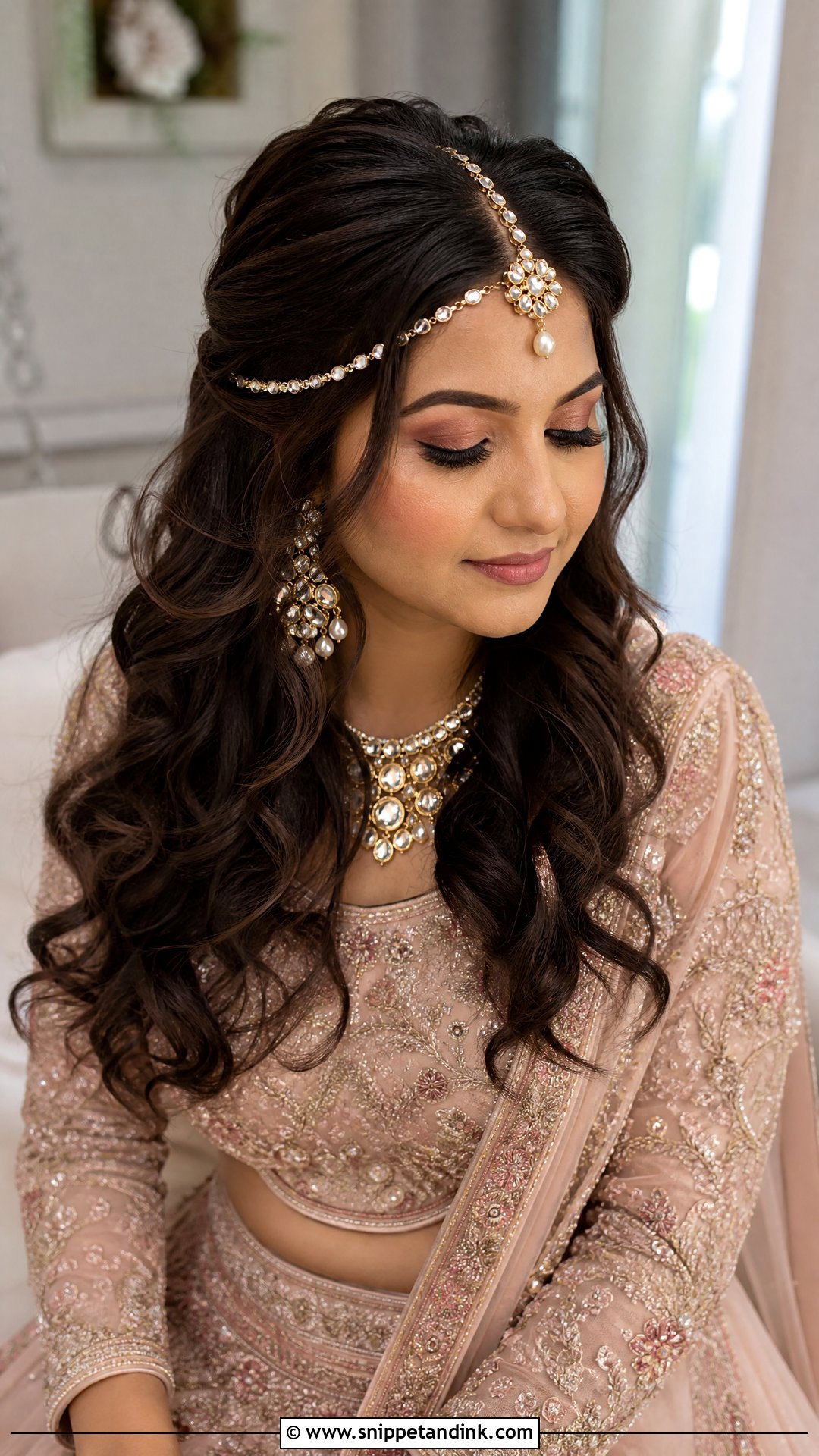 Half Up Bridal Hair With Matha Patti - Snippet and Ink - 15 Bridal Hairstyles with Matha Patti