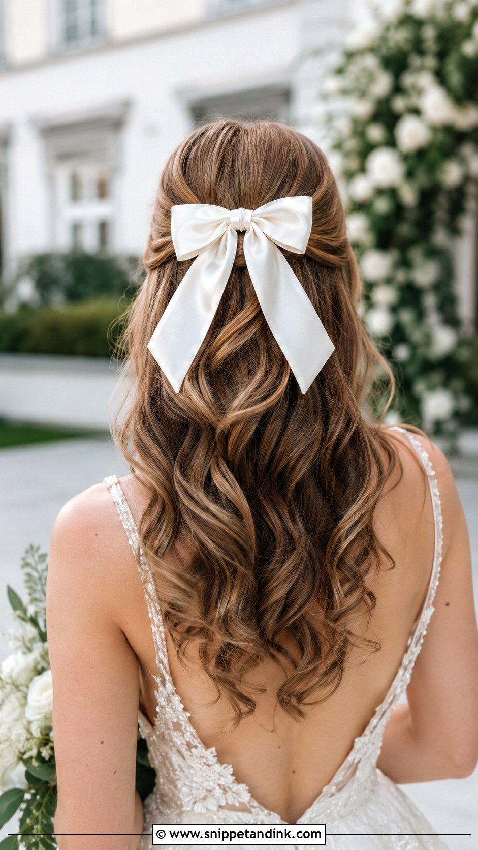 Half Up Bridal Hair With Satin Bow - Snippet and Ink - 20 Bridal Hair Bow Ideas