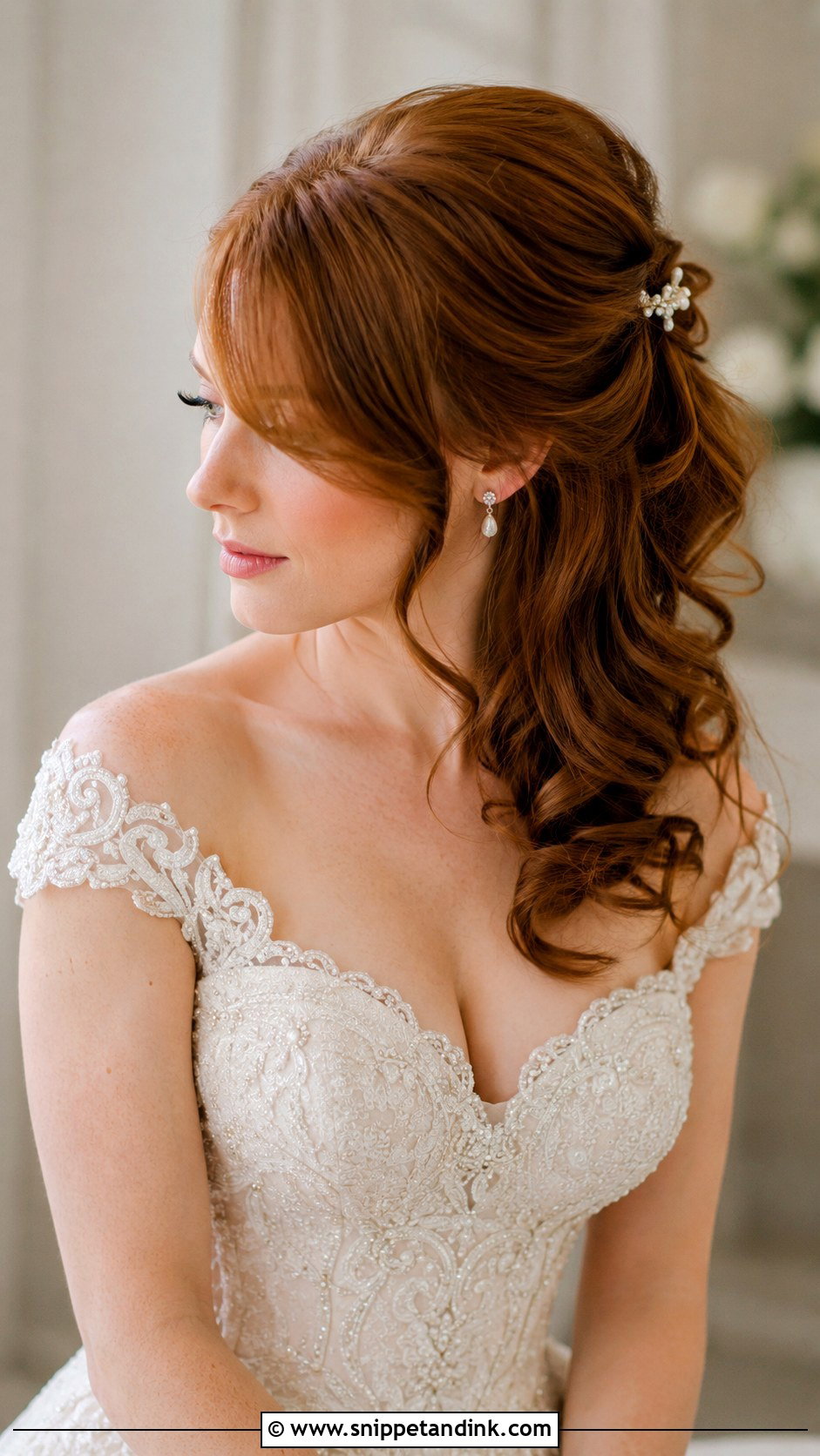 Half Up Bridal Hair With Side Swept Bangs - Snippet and Ink - 25 Half-Up Bridal Hair Front View Ideas
