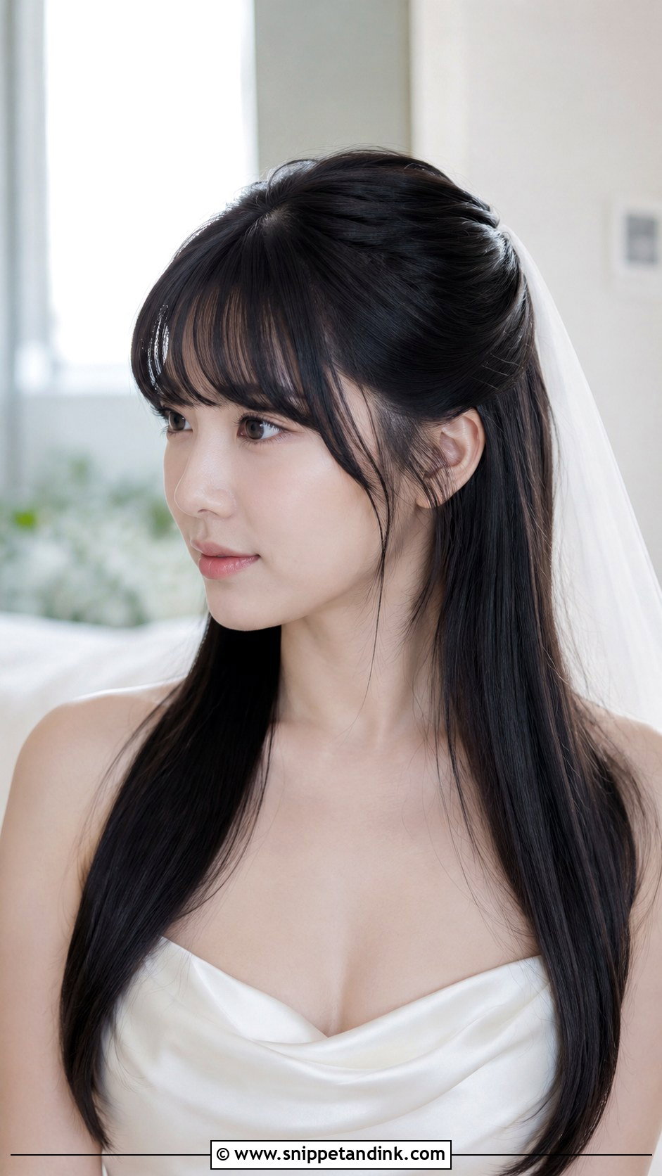 Half Up Bridal Hair With Straight Hair And Bangs - Snippet and Ink - 20 Half-Up Bridal Hair with Bangs