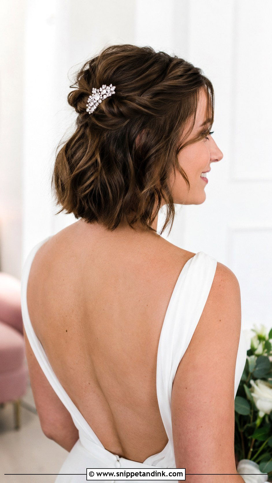 Half Up Bridal Hair for Short Hair - Snippet and Ink - 25 Half-Up Half-Down Wedding Hair Tutorial Ideas