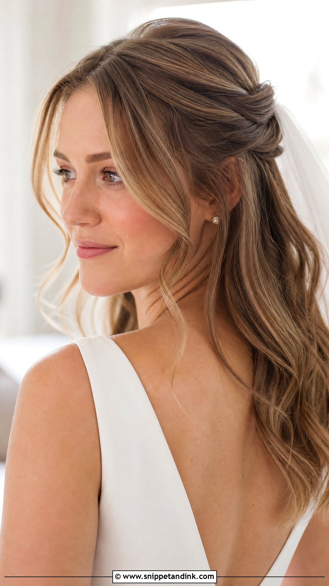 Half Up Bridal Hairstyle With Curtain Bangs - Snippet and Ink - 20 Half-Up Bridal Hairstyles for Long Hair