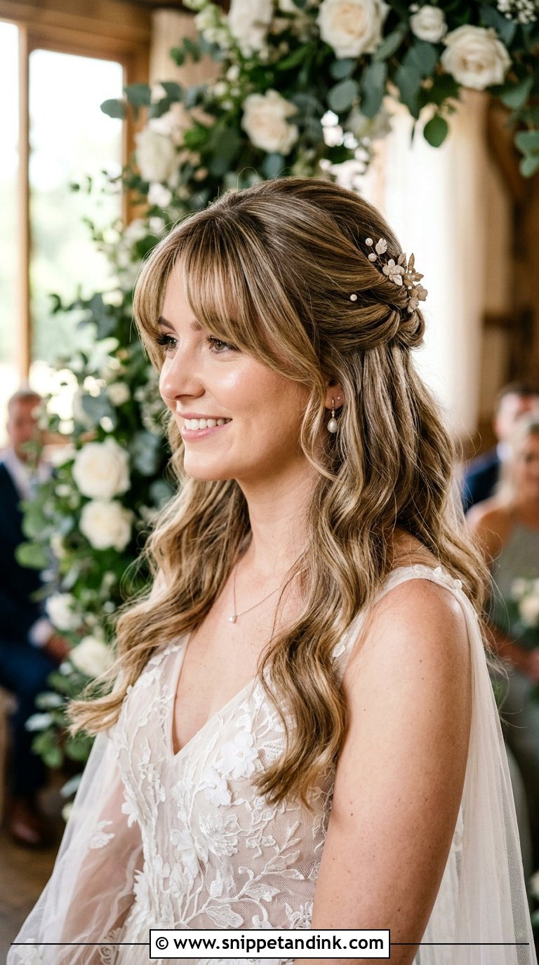 Half Up Bridal Hairstyle With Curtain Bangs - Snippet and Ink - 20 Bridal Half-Up Ideas