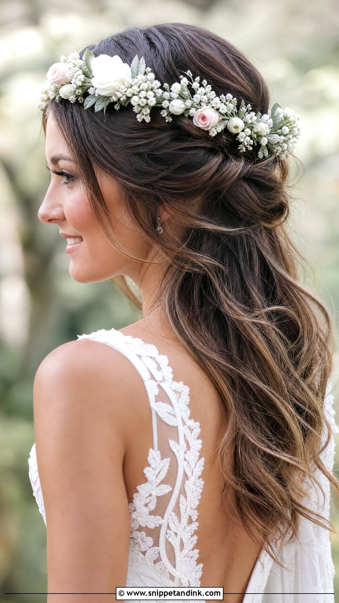 Half Up Bridal Hairstyle With Flowers Crown - Snippet and Ink - 20 Half-Up Bridal Hairstyles