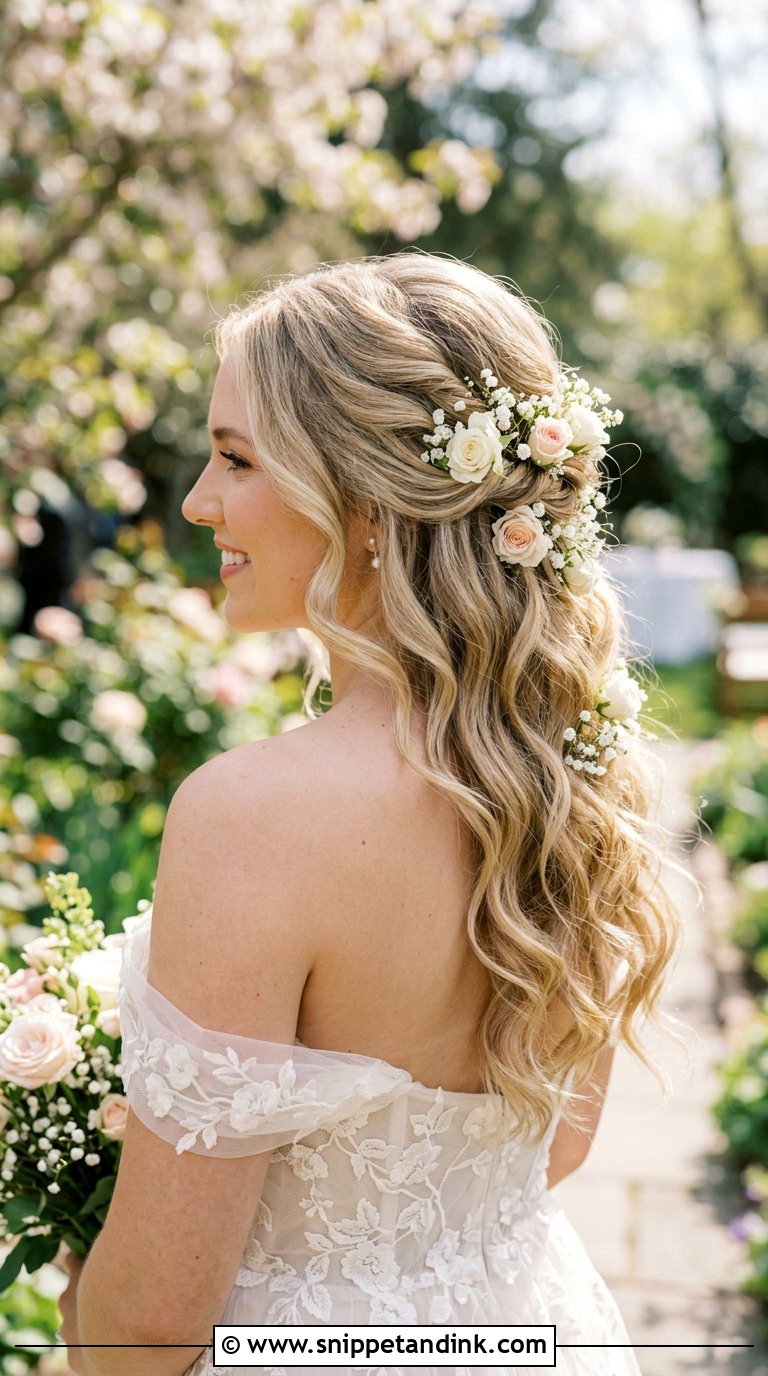 Half Up Bridal Hairstyle With Flowers - Snippet and Ink - 20 Bridal Half-Up Ideas