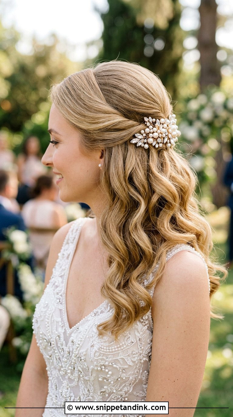 Half Up Bridal Hairstyle With Hair Clips - Snippet and Ink - 20 Bridal Half-Up Ideas