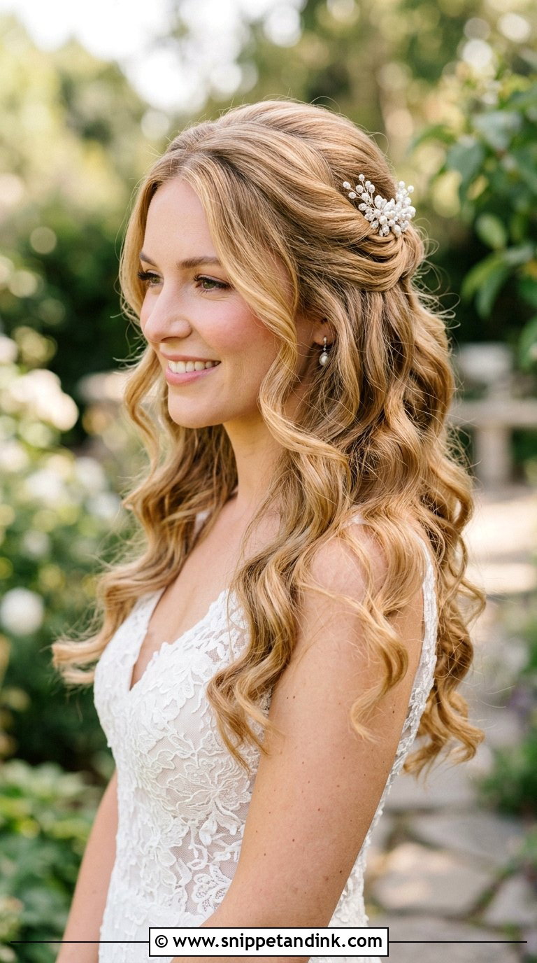 Half Up Bridal Hairstyle With Loose Curls - Snippet and Ink - 20 Bridal Half-Up Ideas