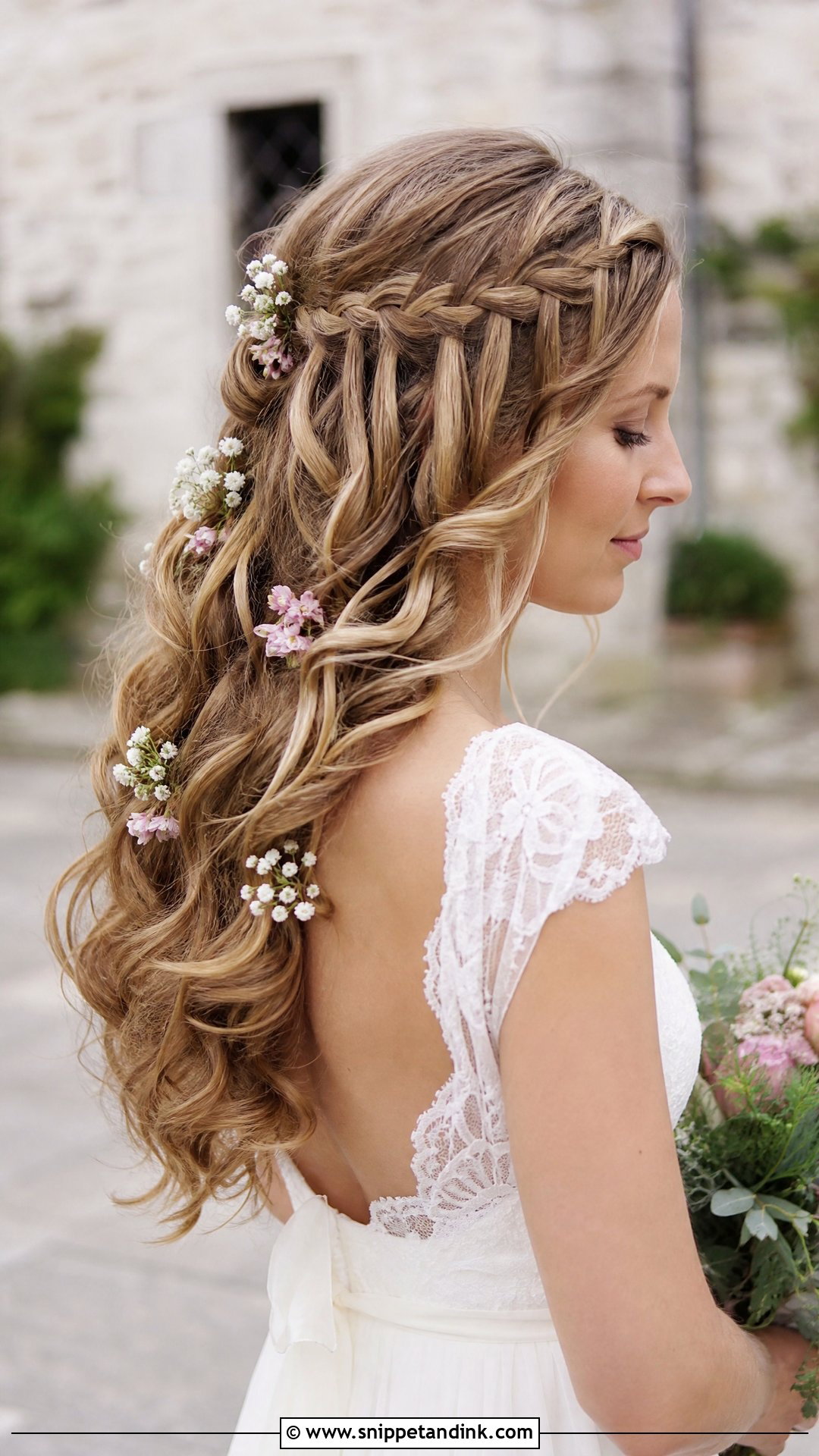 Half Up Bridal Hairstyle With Waterfall Braid - Snippet and Ink - 20 Half-Up Bridal Hairstyles for Long Hair