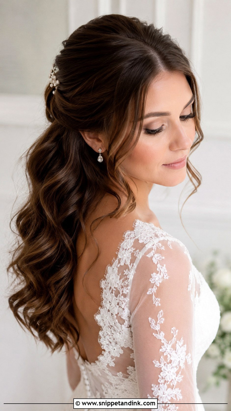 Half Up Bridal Style With Loose Waves - Snippet and Ink - 20 Brunette Bridal Half-Up Half-Down Hair Ideas