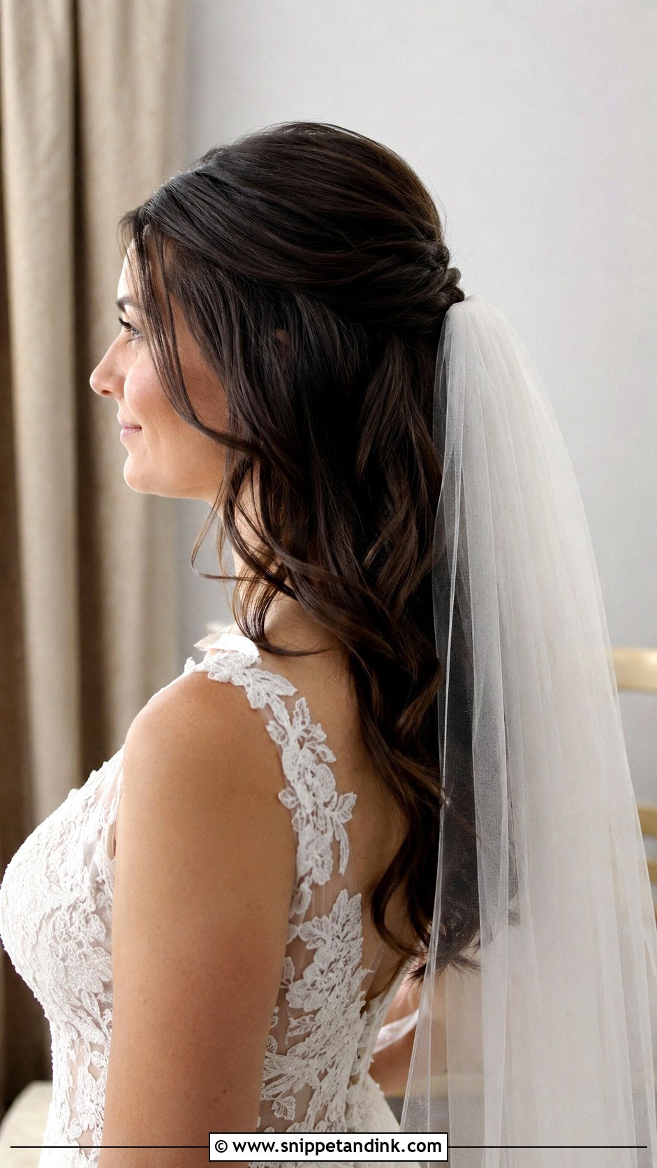 Half Up Bridal Style With Veil - Snippet and Ink - 20 Brunette Bridal Half-Up Half-Down Hair Ideas