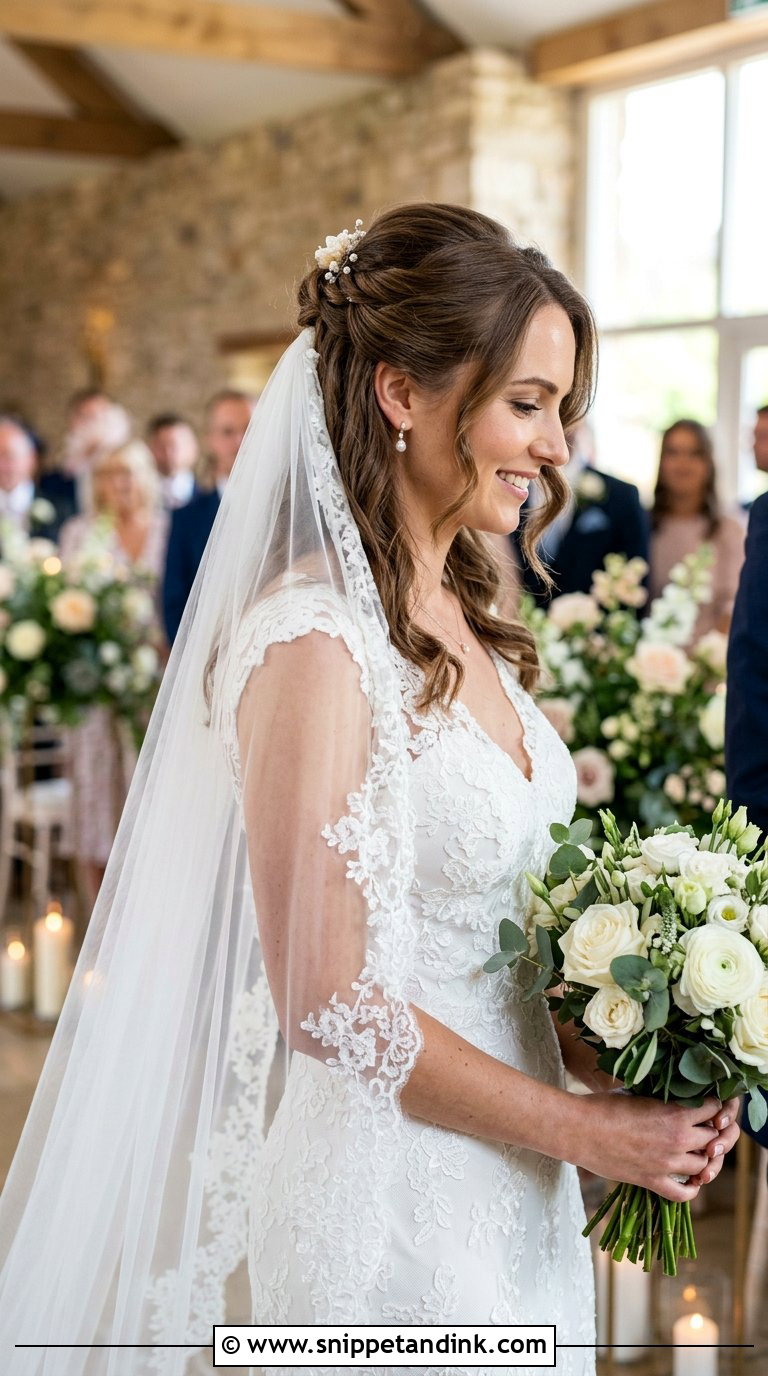 Half Up Bridal Style With Veil - Snippet and Ink - 20 Bridal Half-Up Ideas