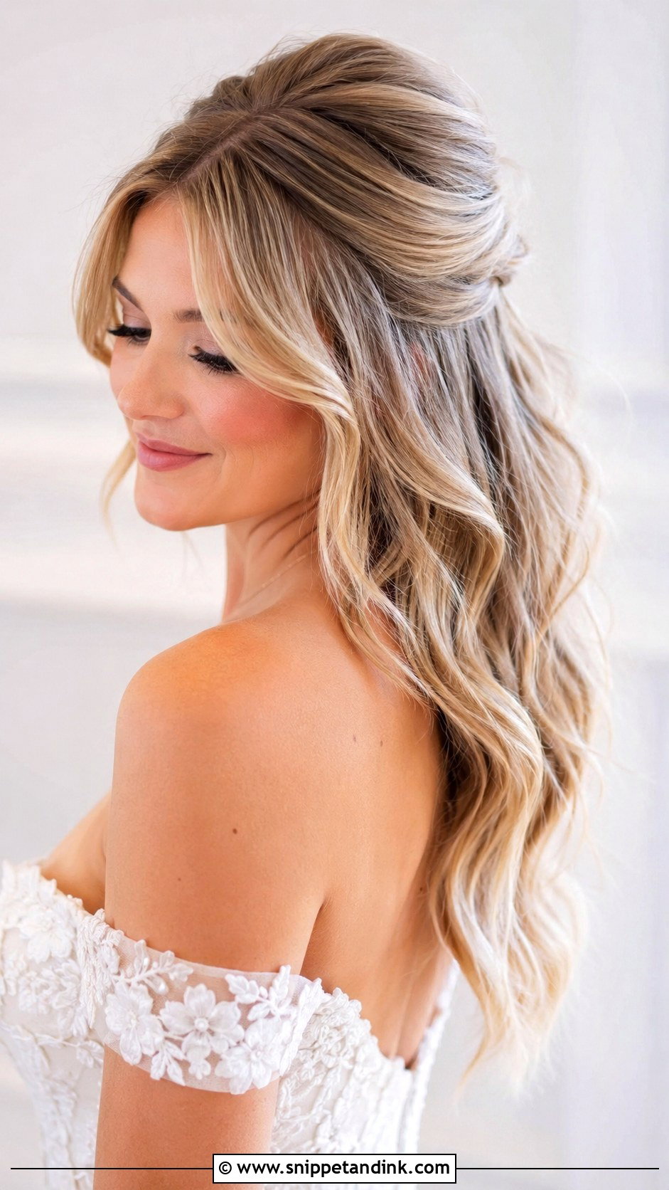 Half Up Bride Hairstyle With Curtain Bangs - Snippet and Ink - 15 Half-Up Bride Hairstyles