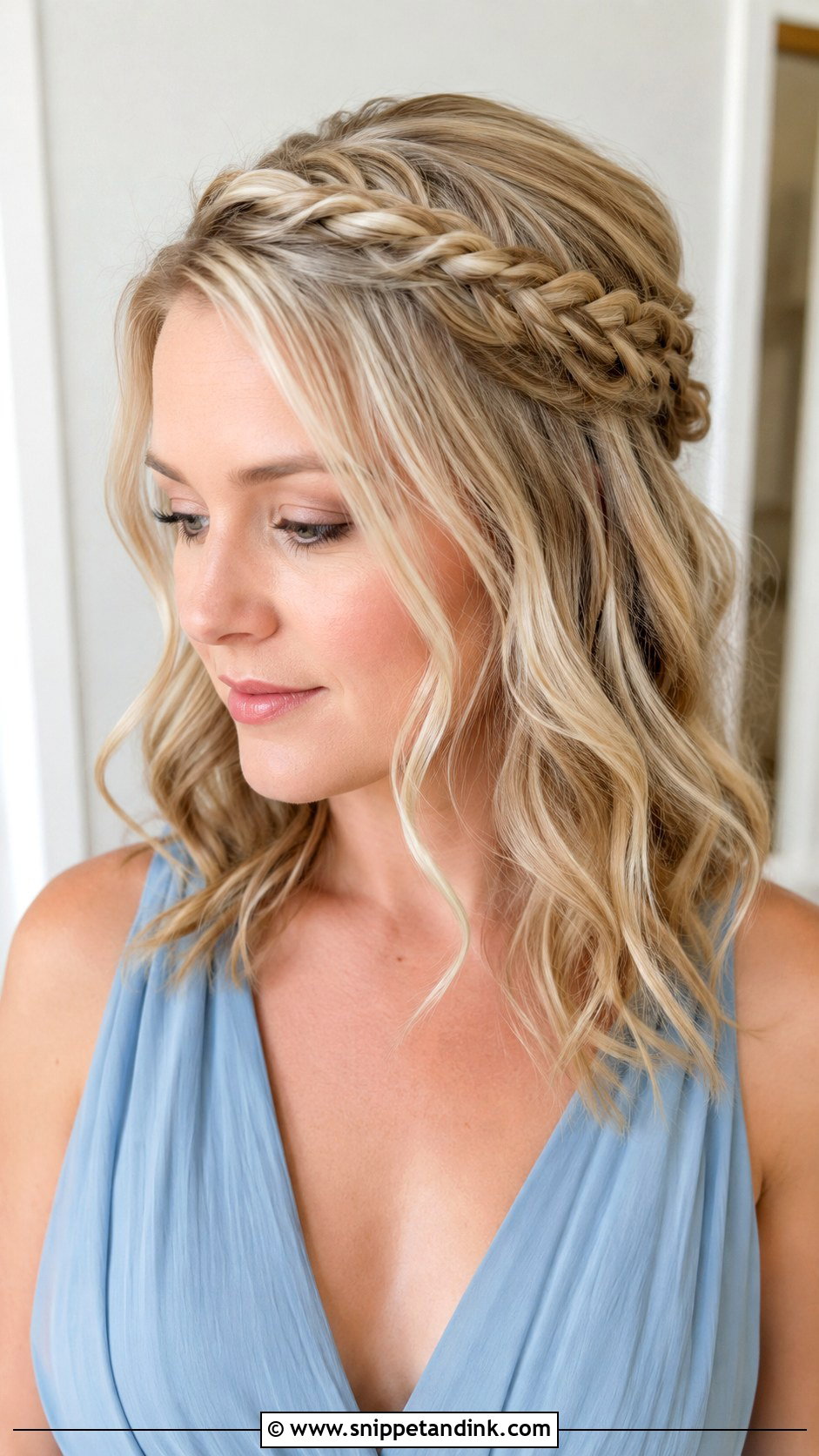 Half Up Bridesmaid Hair With A Crown Braid - Snippet and Ink - 20 Bridesmaid Hair Half Up Medium Ideas