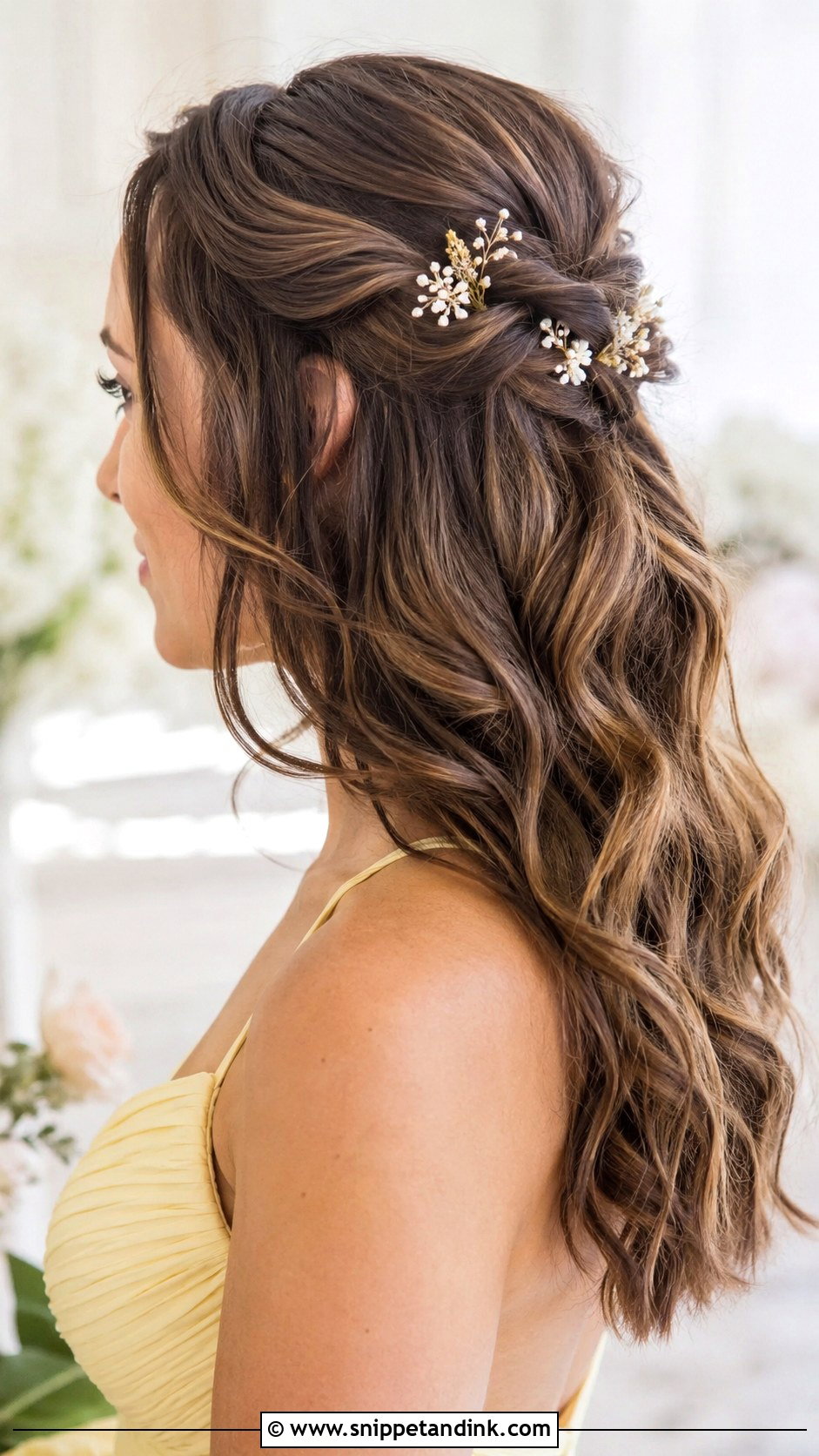 Half Up Bridesmaid Hair With Floral Pins - Snippet and Ink - 20 Simple Bridesmaid Hair Half Up Ideas