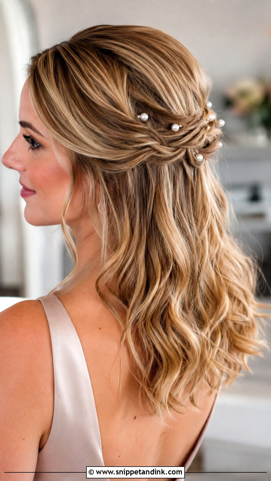 Half Up Bridesmaid Hair With Pearl Pins - Snippet and Ink - 20 Bridesmaid Hair Half Up Medium Ideas