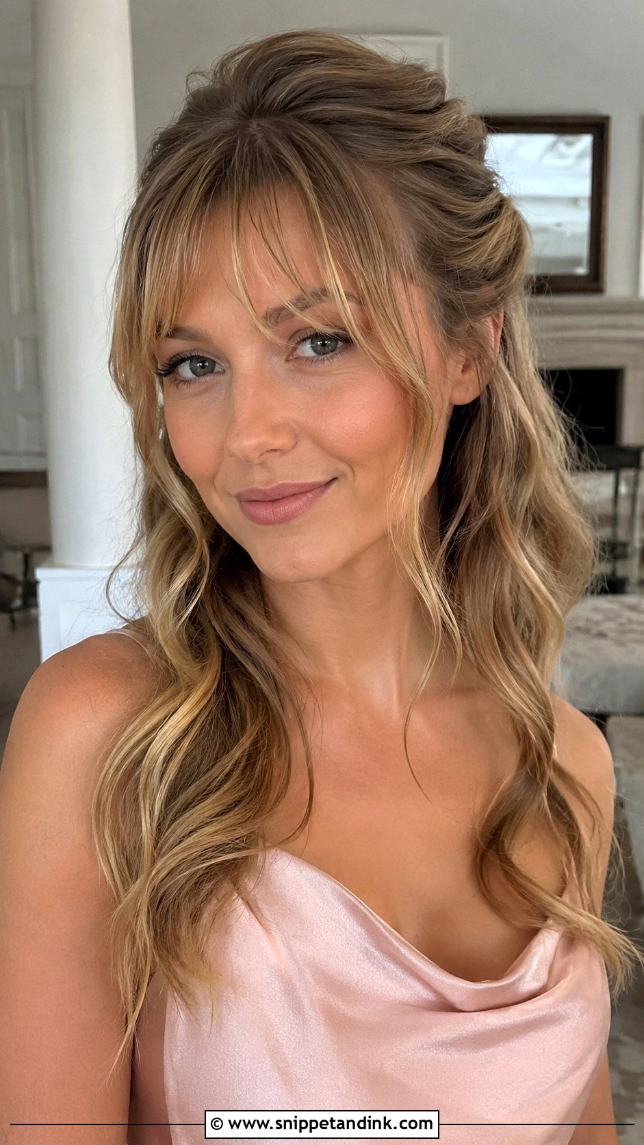 Half Up Bridesmaid Hair With Wispy Bangs - Snippet and Ink - 25 Bridesmaid Hair with Bangs Ideas