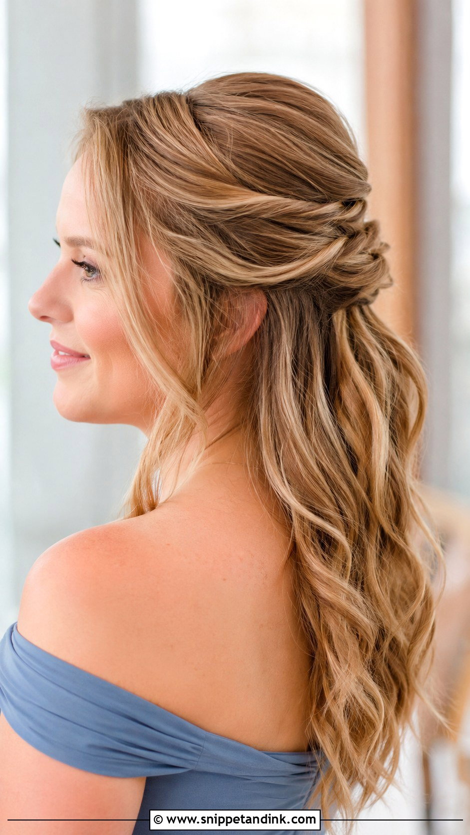 Half Up Bridesmaid Hairstyle With Off Shoulder Dress - Snippet and Ink - 20 Bridesmaid Hairstyles with Off Shoulder Dress
