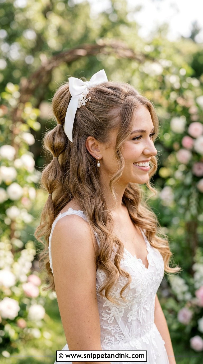 Half Up Bubble Ponytail With Bow - Snippet and Ink - 20 Bridal Hair with Bow Ideas