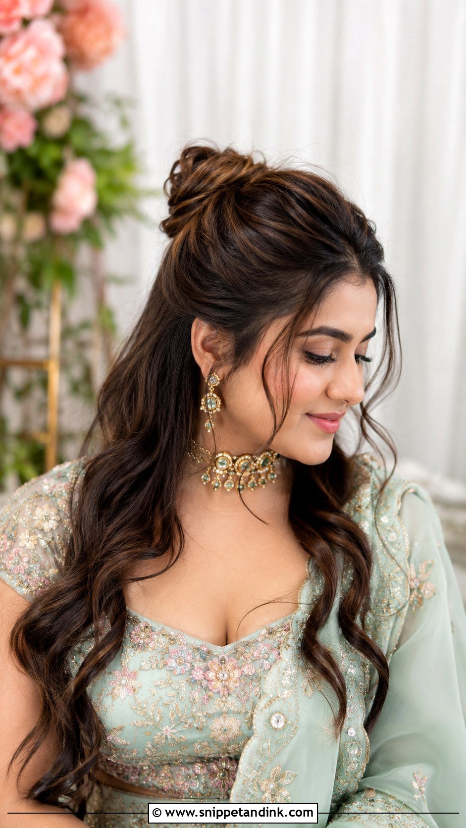 Half Up Bun For Engagement - Snippet and Ink - 25 Indian Front Look Bridal Bun Hairstyles