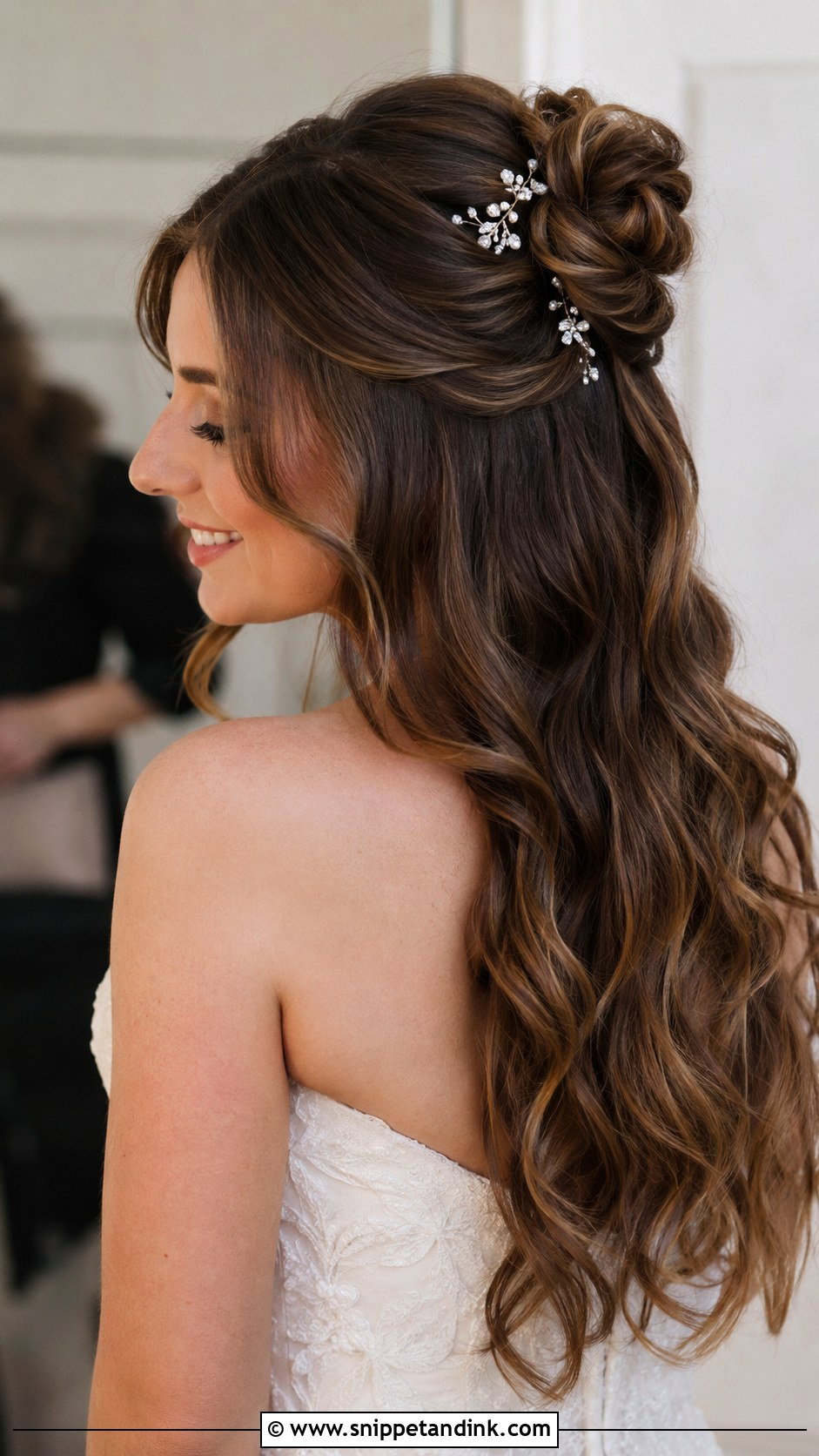 Half Up Bun Wedding Hairstyle For Long Hair - Snippet and Ink - 15 Half-Up Bun Wedding Hairstyles