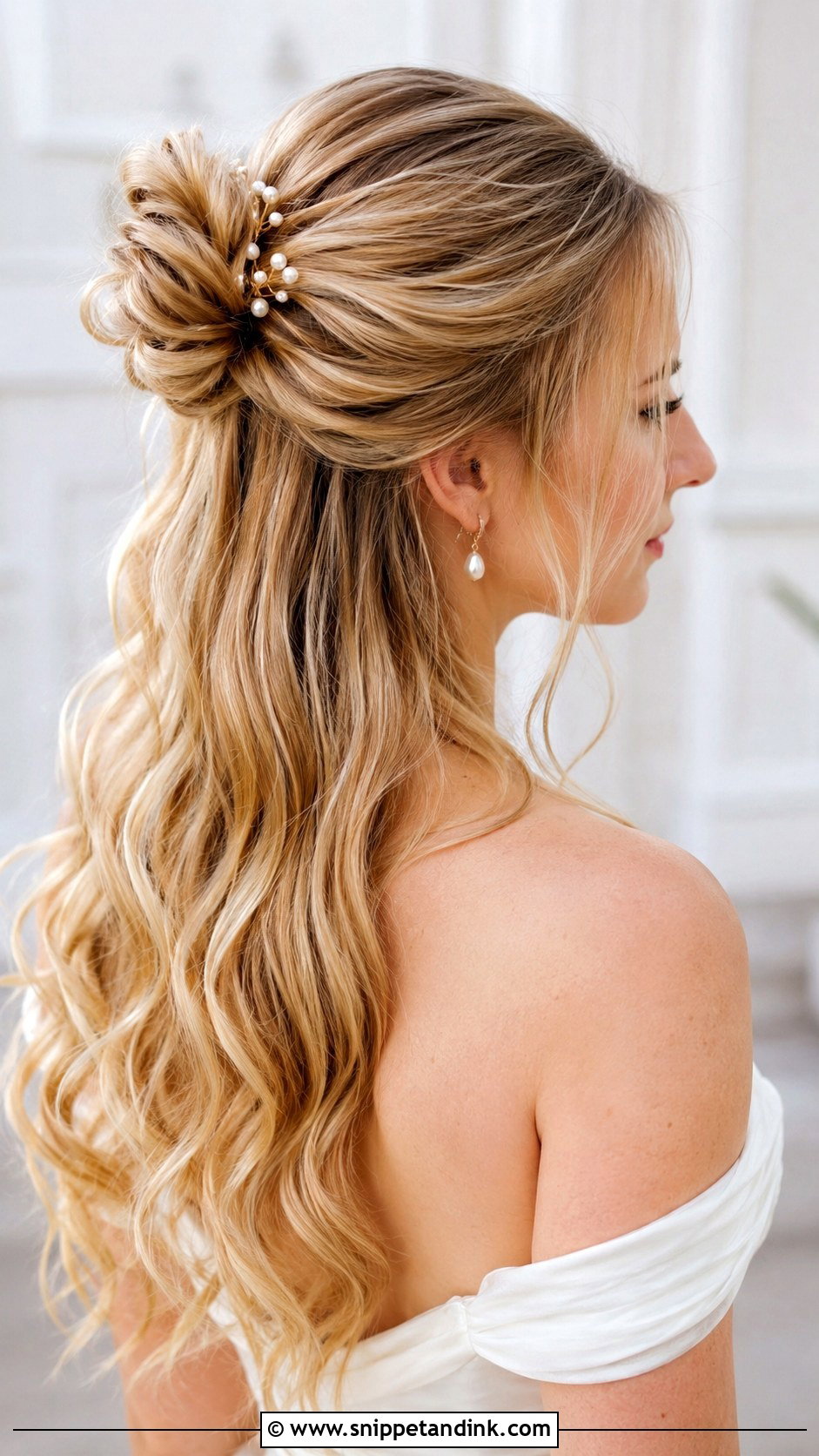 Half Up Bun Wedding Hairstyle With Loose Waves - Snippet and Ink - 15 Half-Up Bun Wedding Hairstyles