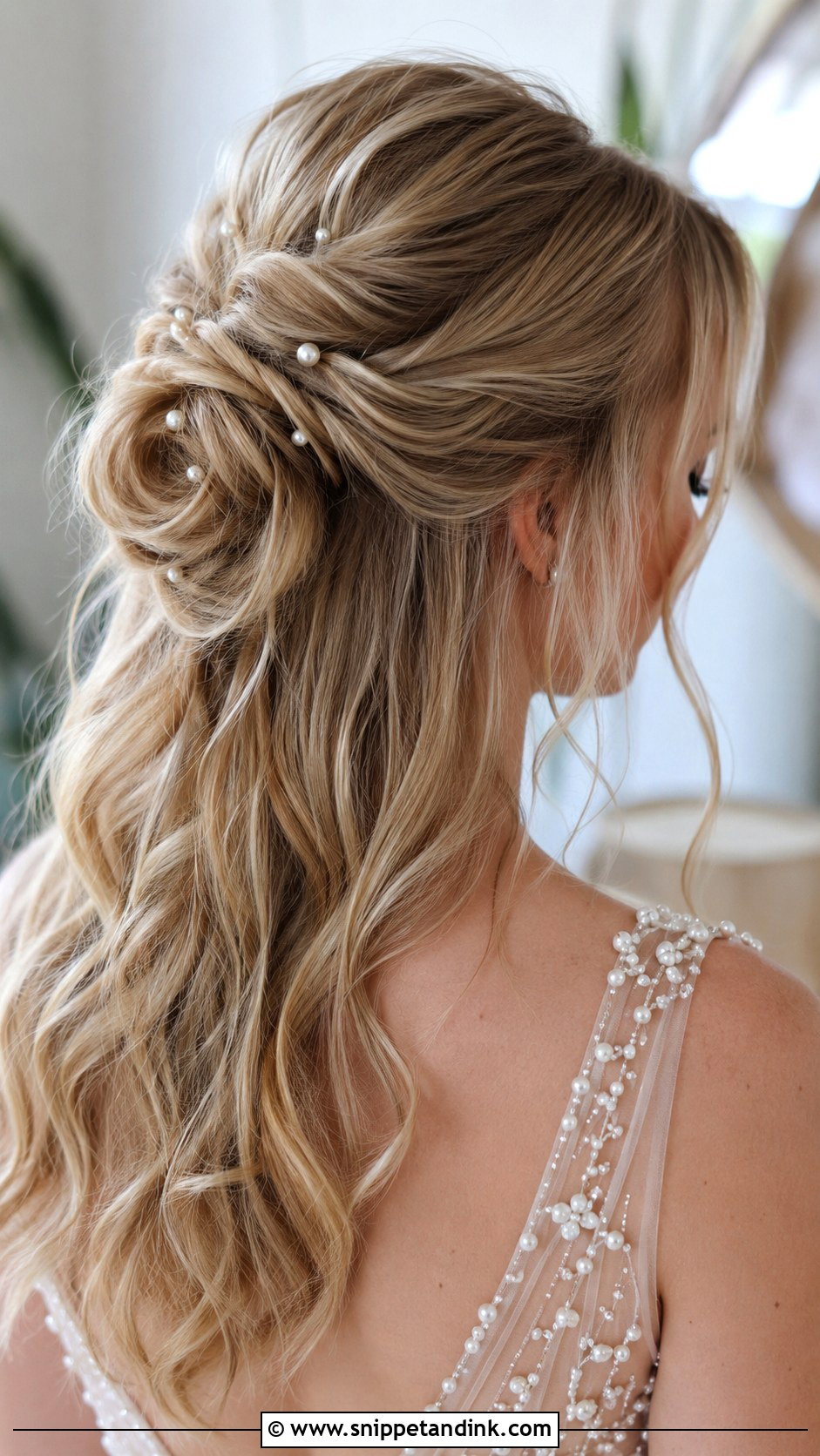 Half Up Bun Wedding Hairstyle With Pearls - Snippet and Ink - 15 Half-Up Bun Wedding Hairstyles