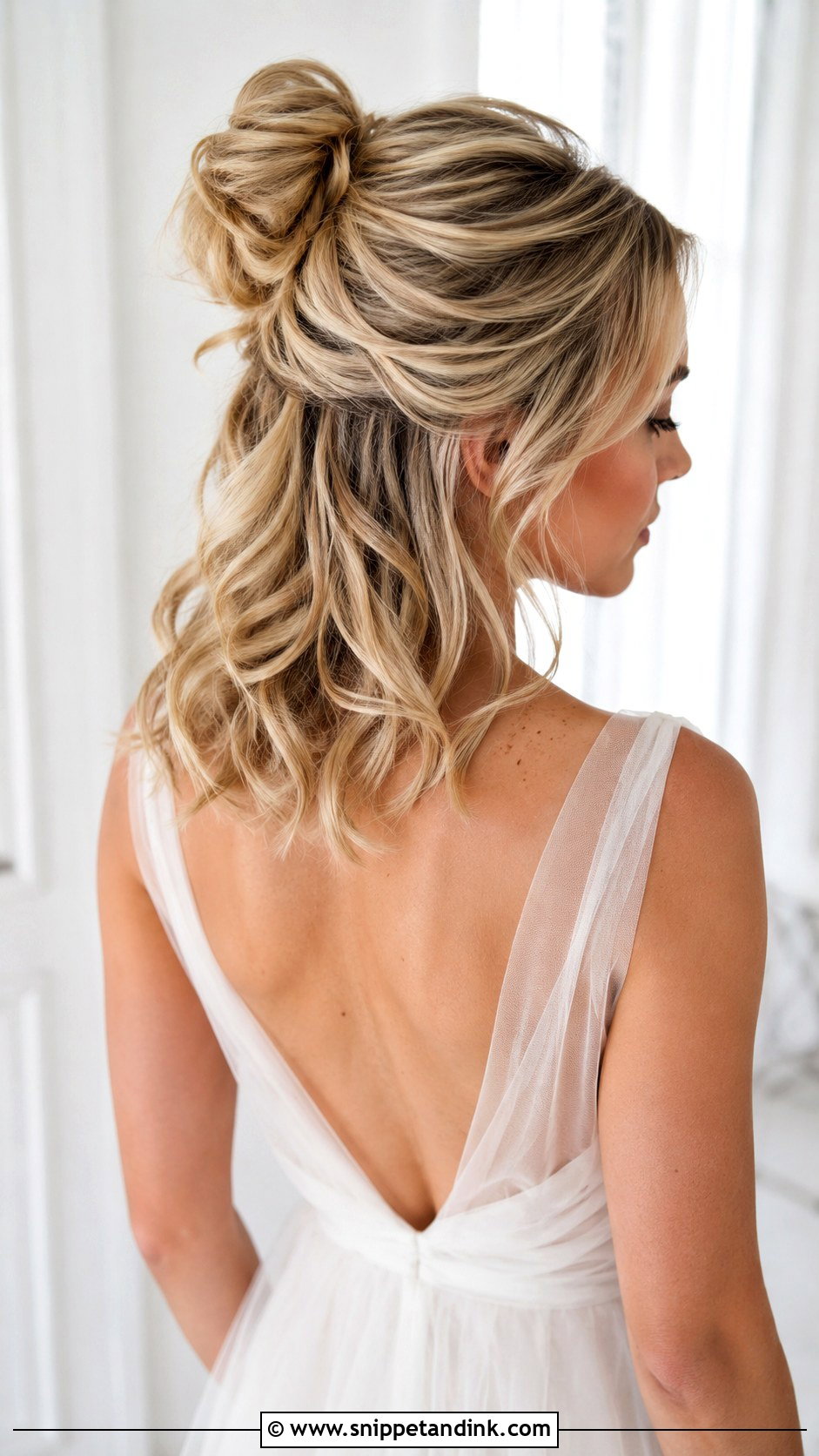 Half Up Bun Wedding Upstyle - Snippet and Ink - 15 Wedding Upstyles Medium Length Ideas