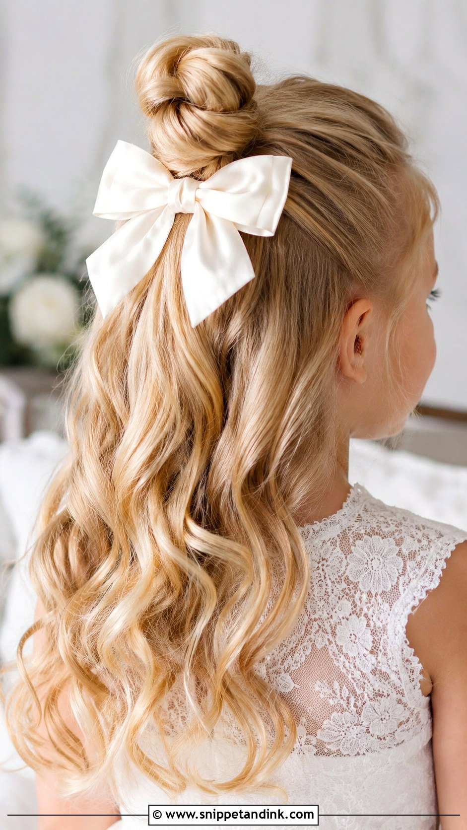 Half Up Bun With Bow - Snippet and Ink - 30 Kids Wedding Hair Ideas