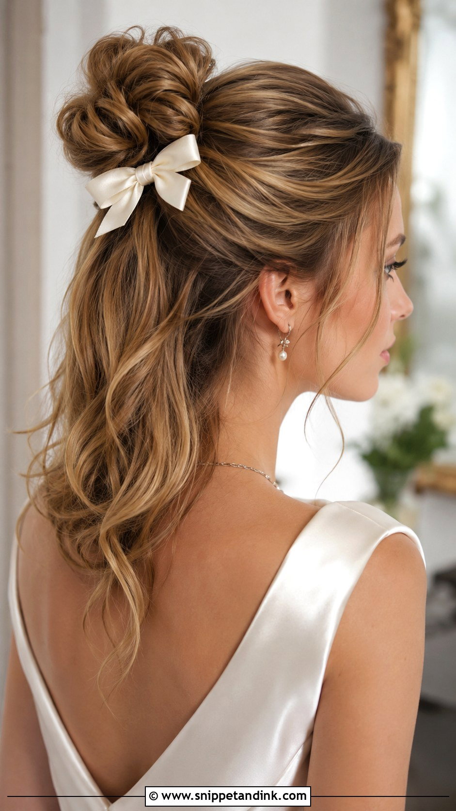 Half Up Bun With Bow Accent - Snippet and Ink - 20 Half-Up Half-Down Wedding Hair with Bow Ideas