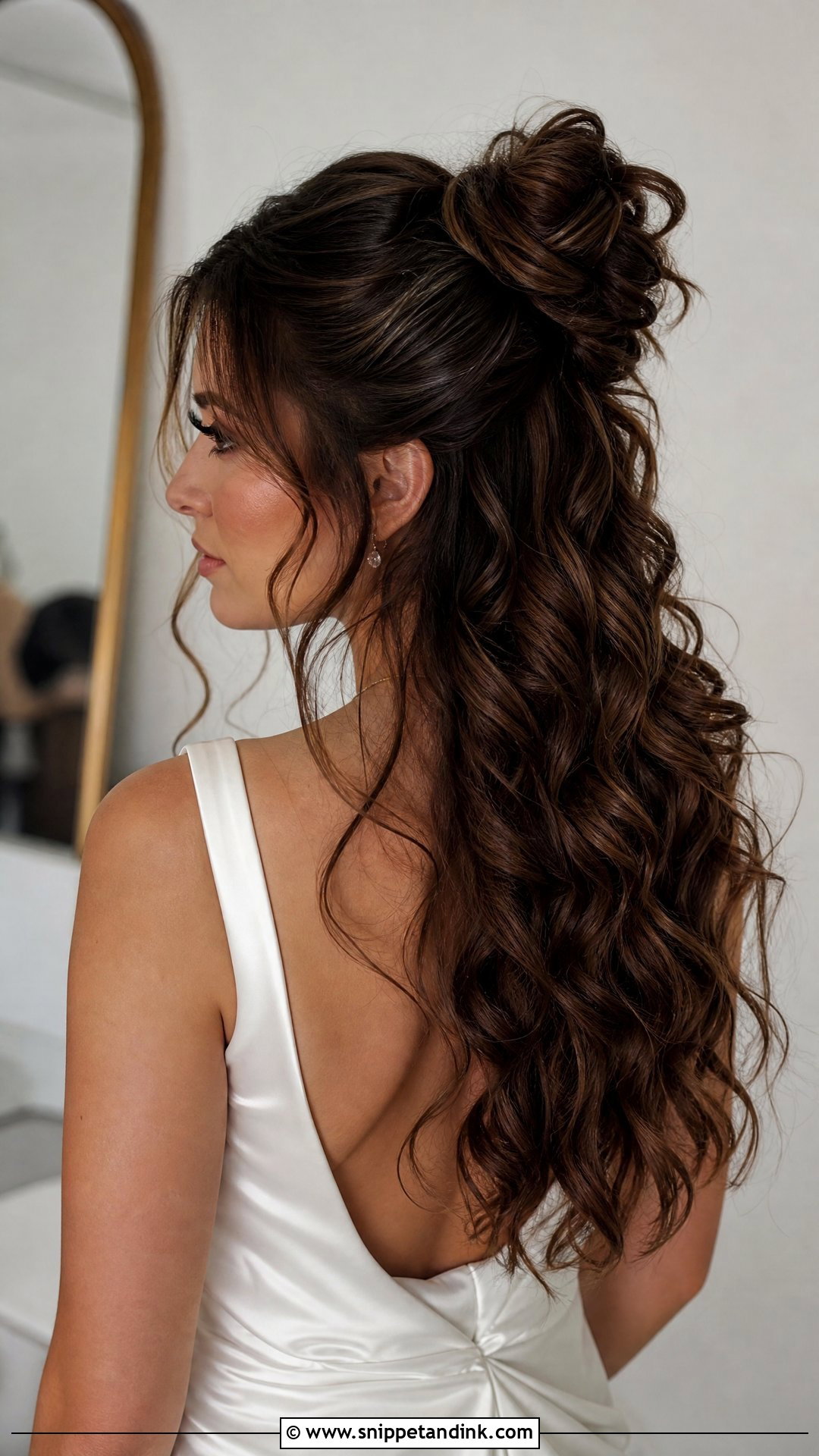 Half Up Bun With Cascading Curls - Snippet and Ink - 20 Long Half-Up Half-Down Wedding Hairstyles