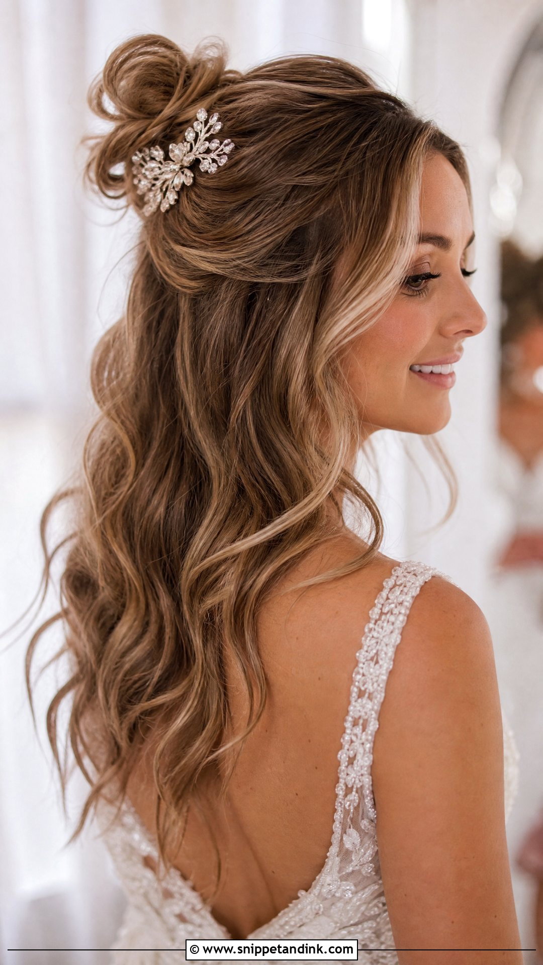 Half Up Bun With Cascading Waves - Snippet and Ink - 20 Wedding Hairstyles for Chubby Face