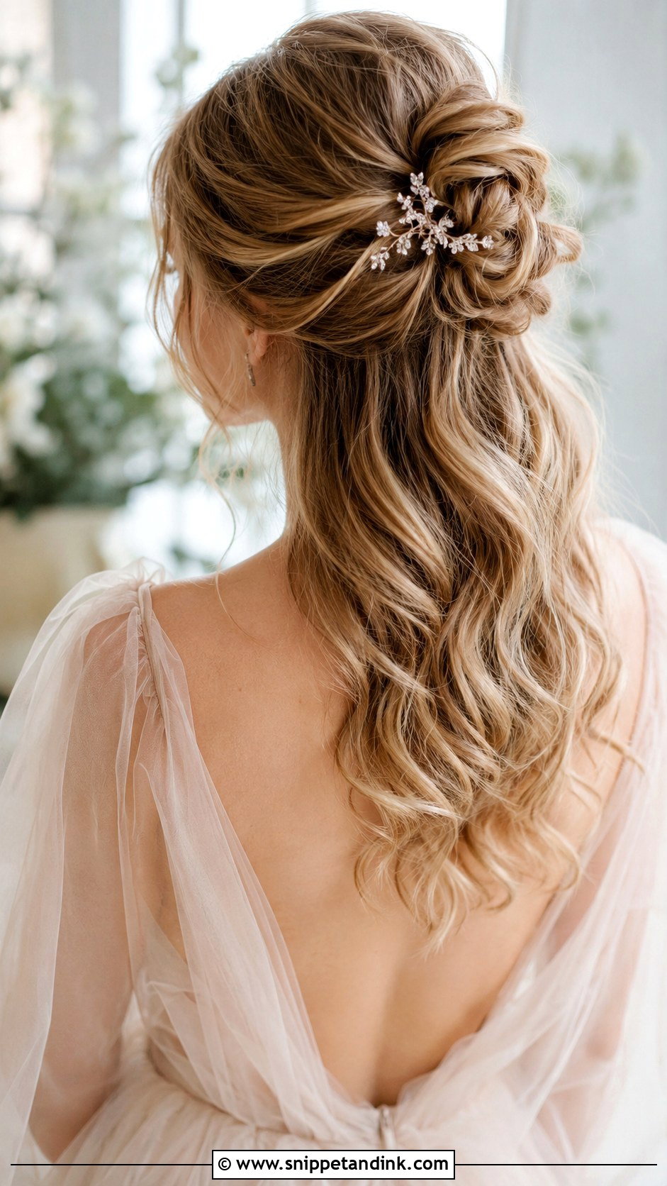 Half Up Bun With Cascading Waves - Snippet and Ink - 20 Wedding Hairstyles for Fine Hair