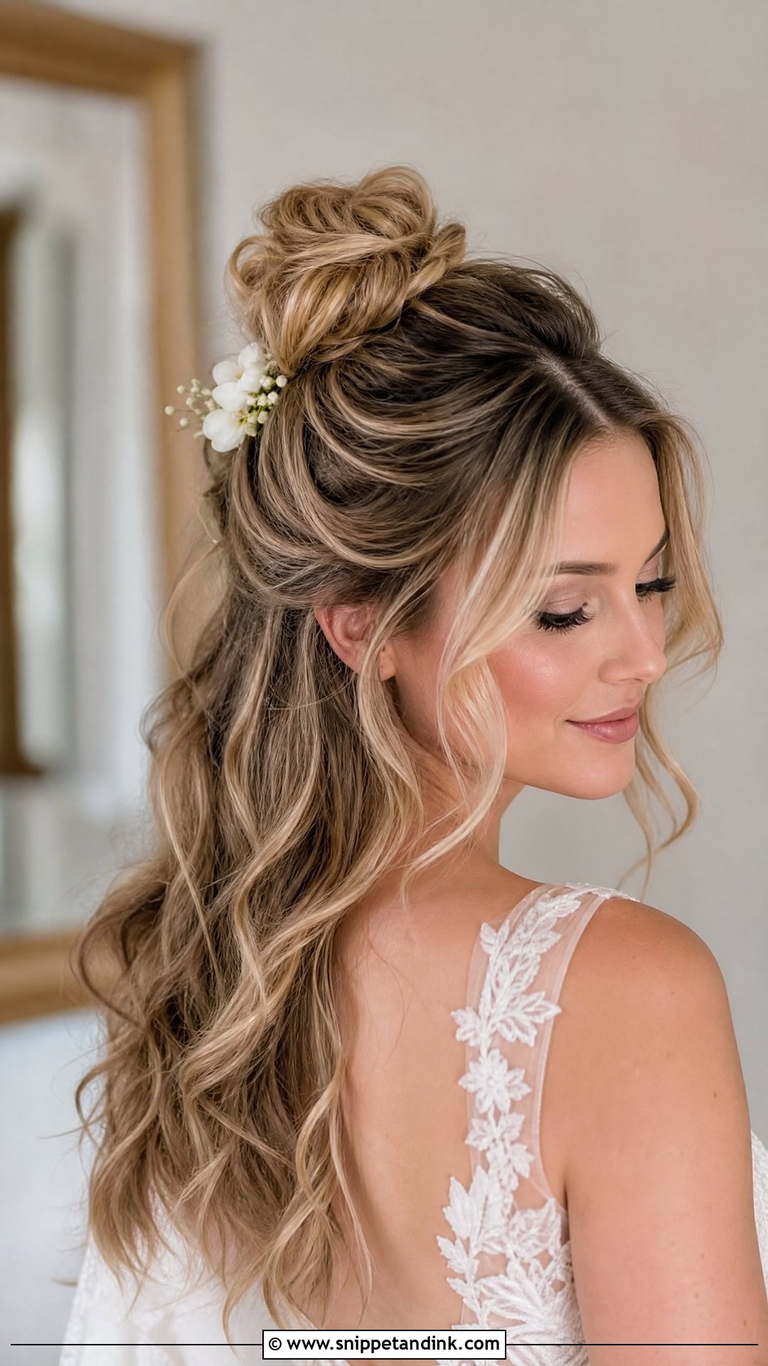 Half Up Bun With Cascading Waves - Snippet and Ink - 20 Western Wedding Hair Ideas