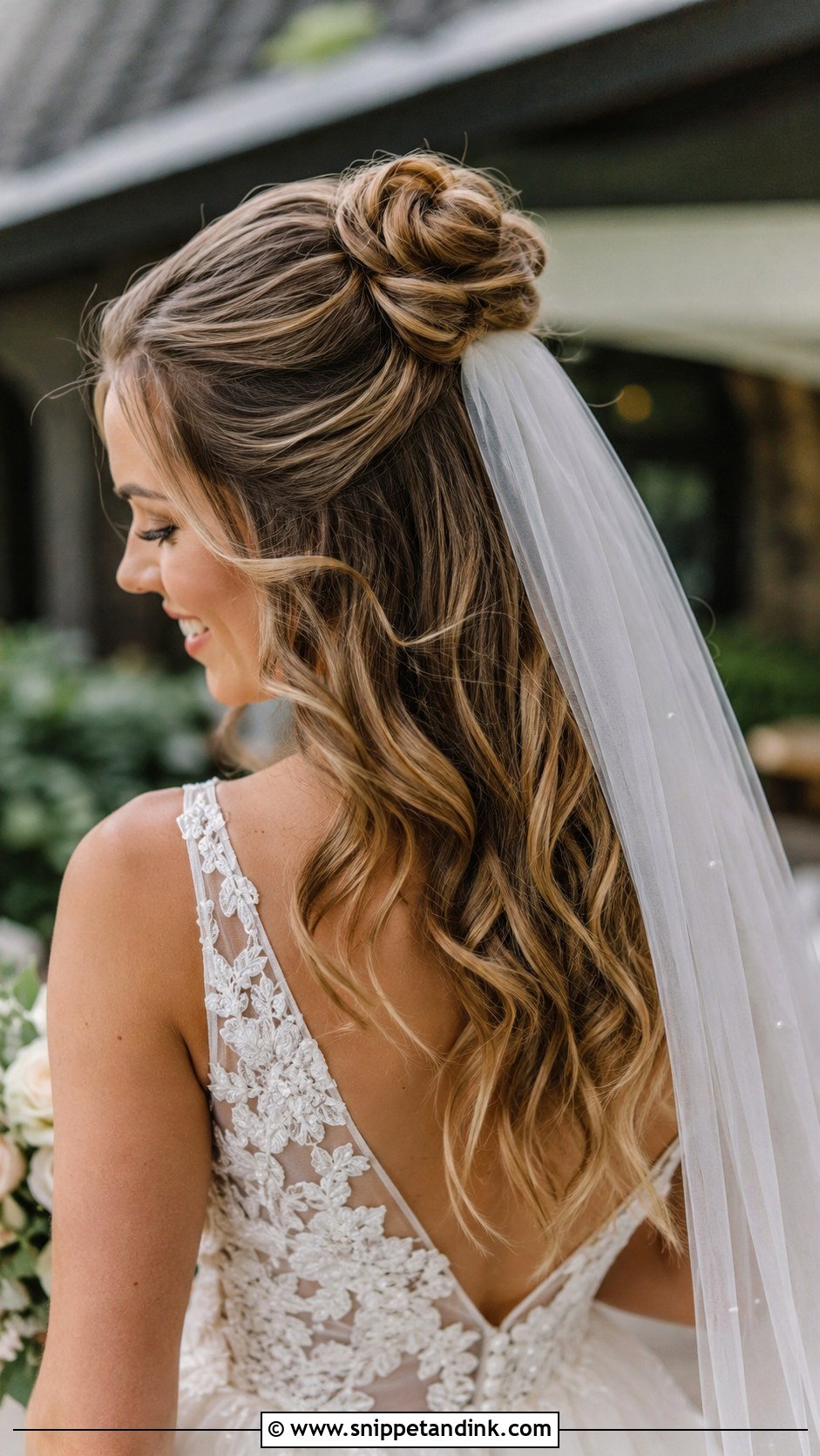 Half Up Bun With Cascading Waves - Snippet and Ink - 30 Brides Hairstyles