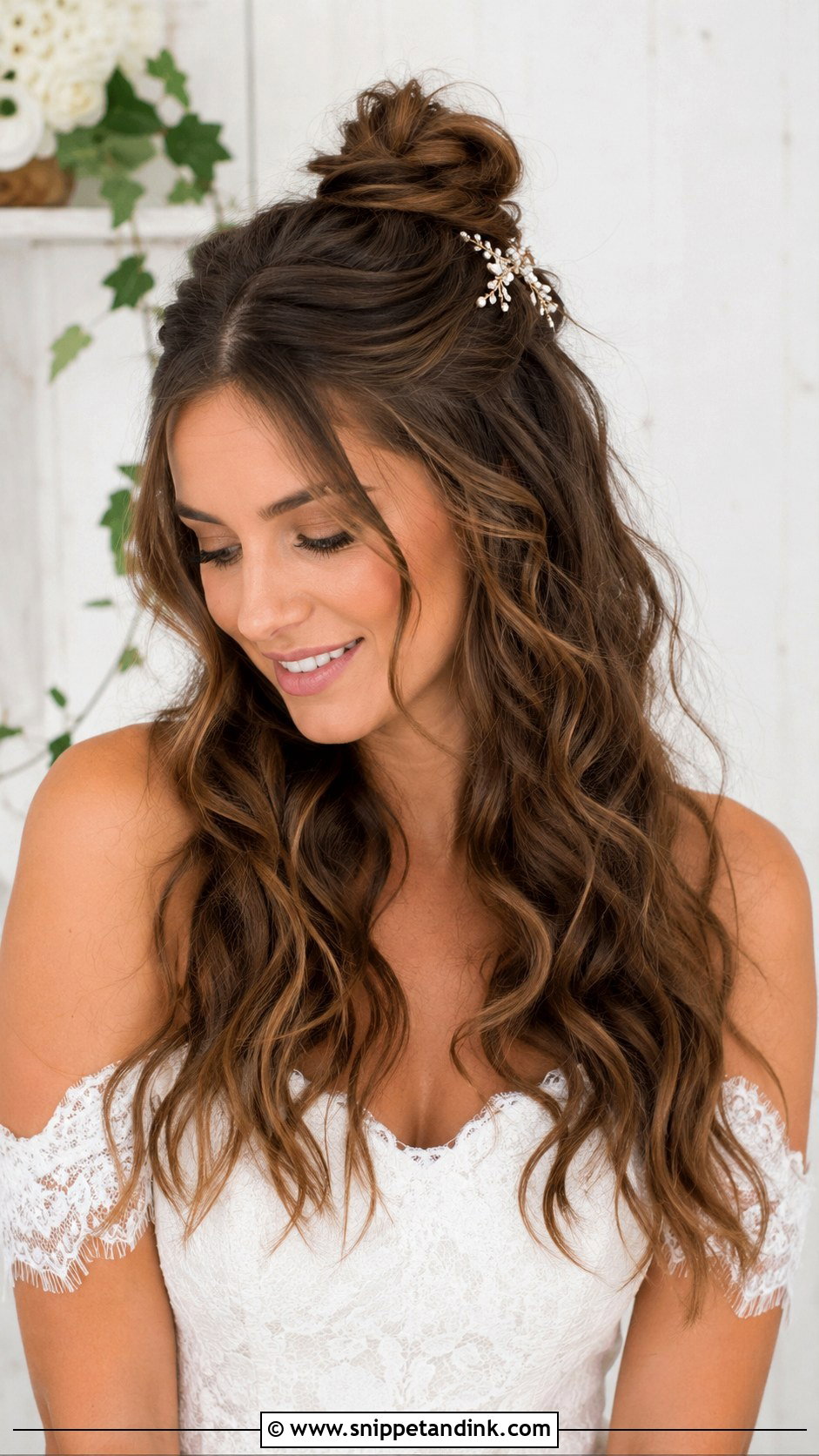 Half Up Bun With Cascading Waves - Snippet and Ink - 20 Bridal Hair Front View Ideas