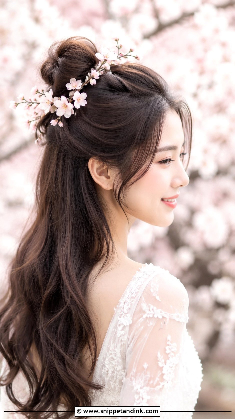 Half Up Bun With Cherry Blossoms - Snippet and Ink - 25 Wedding Hair with Flowers