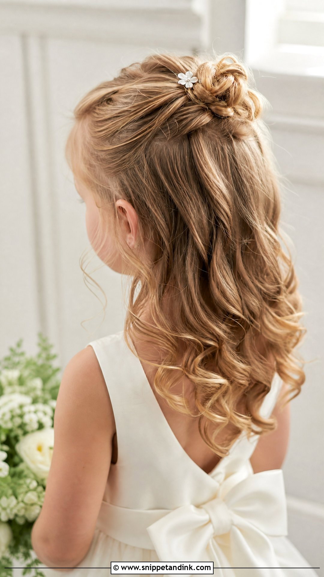 Half Up Bun With Curls - Snippet and Ink - 20 Kids Hair Styles for Wedding