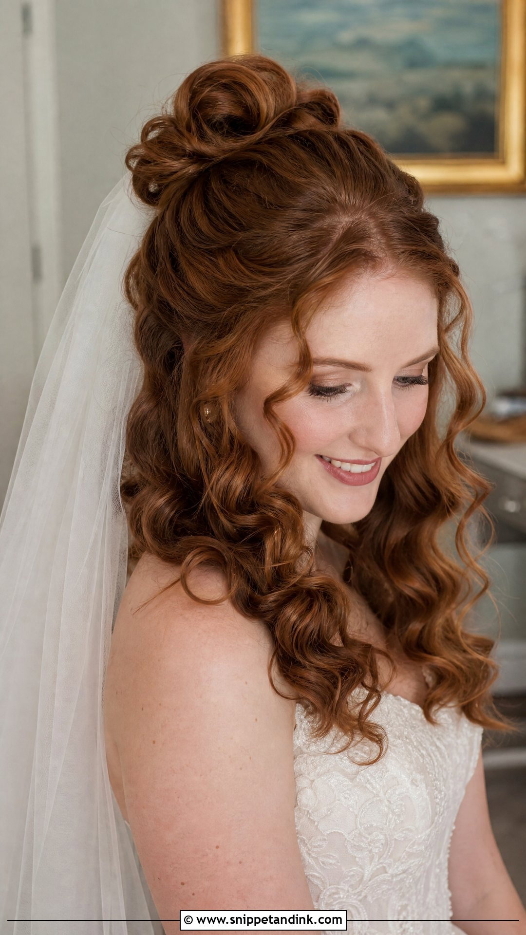 Half Up Bun With Curls and Veil - Snippet and Ink - 20 Half-Up Half-Down Bun Wedding Hair Ideas