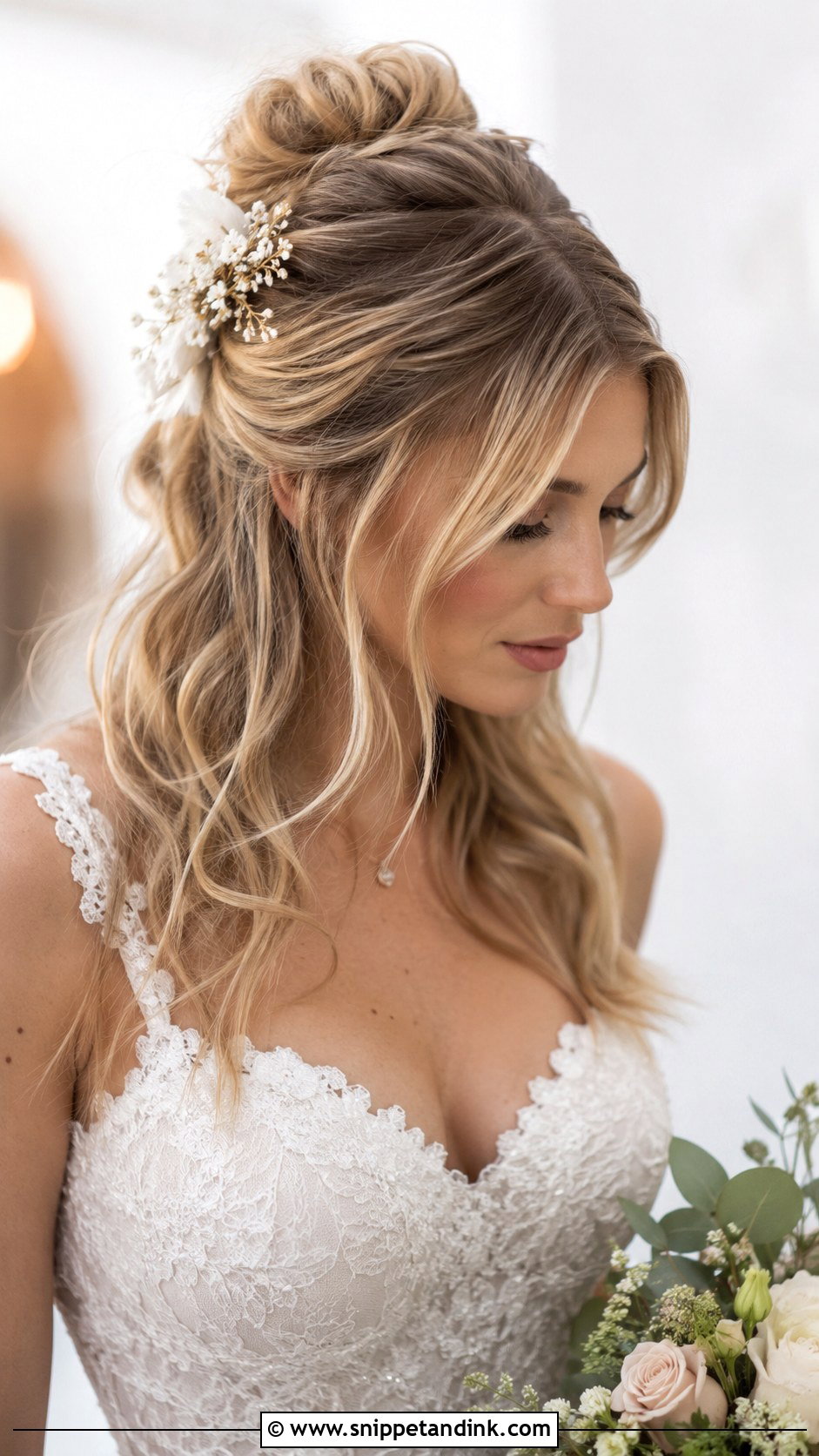 Half Up Bun With Curtain Bangs - Snippet and Ink - 25 Facinators Wedding Hairstyles