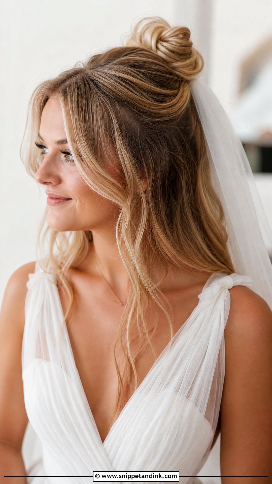 Half Up Bun With Curtain Bangs - Snippet and Ink - 20 Half-Up Bun Wedding Hair Ideas