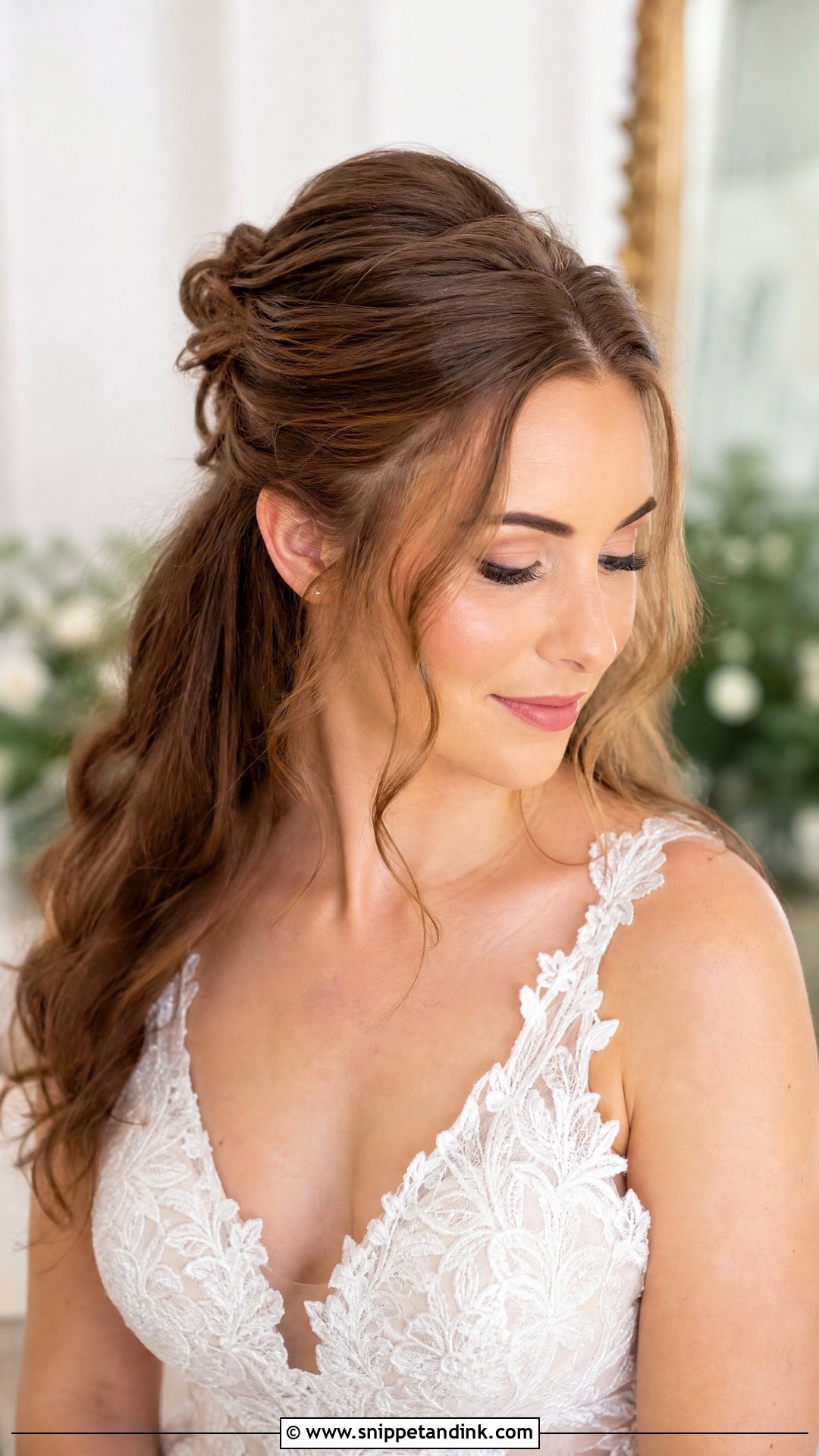 Half Up Bun With Face Framing Tendrils - Snippet and Ink - 20 Bride Hairstyles Front View