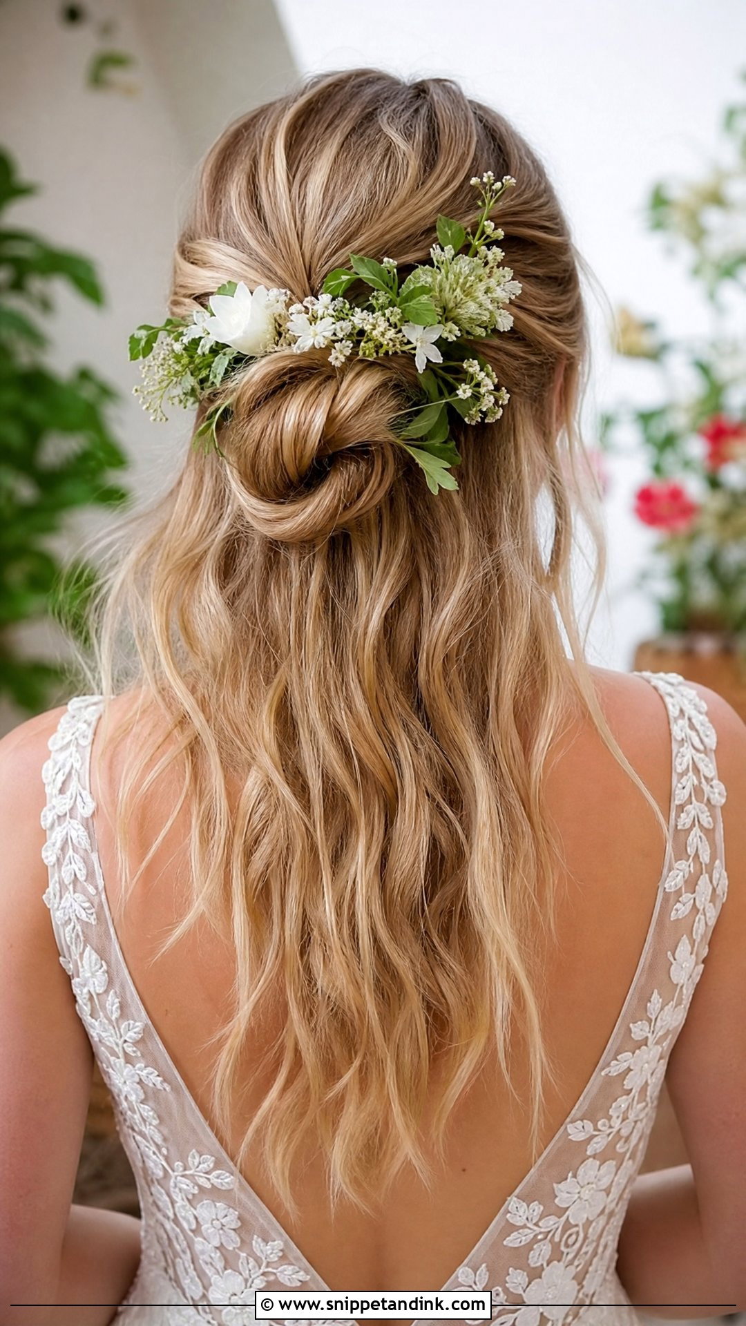 Half Up Bun With Floral Accents - Snippet and Ink - 20 Half-Up Half-Down Bun Wedding Hair Ideas