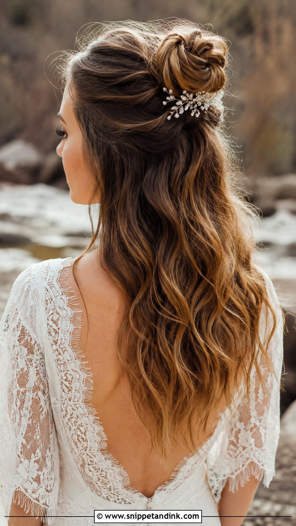 Half Up Bun With Flowing Hair - Snippet and Ink - 25 Wedding Bun Hairstyle Ideas