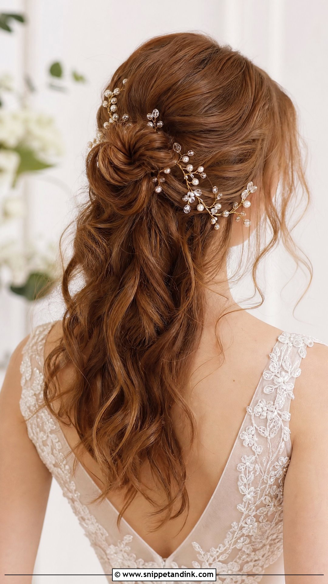 Half Up Bun With Hair Vine Accessory - Snippet and Ink - 20 Half-Up Half-Down Bun Wedding Hair Ideas