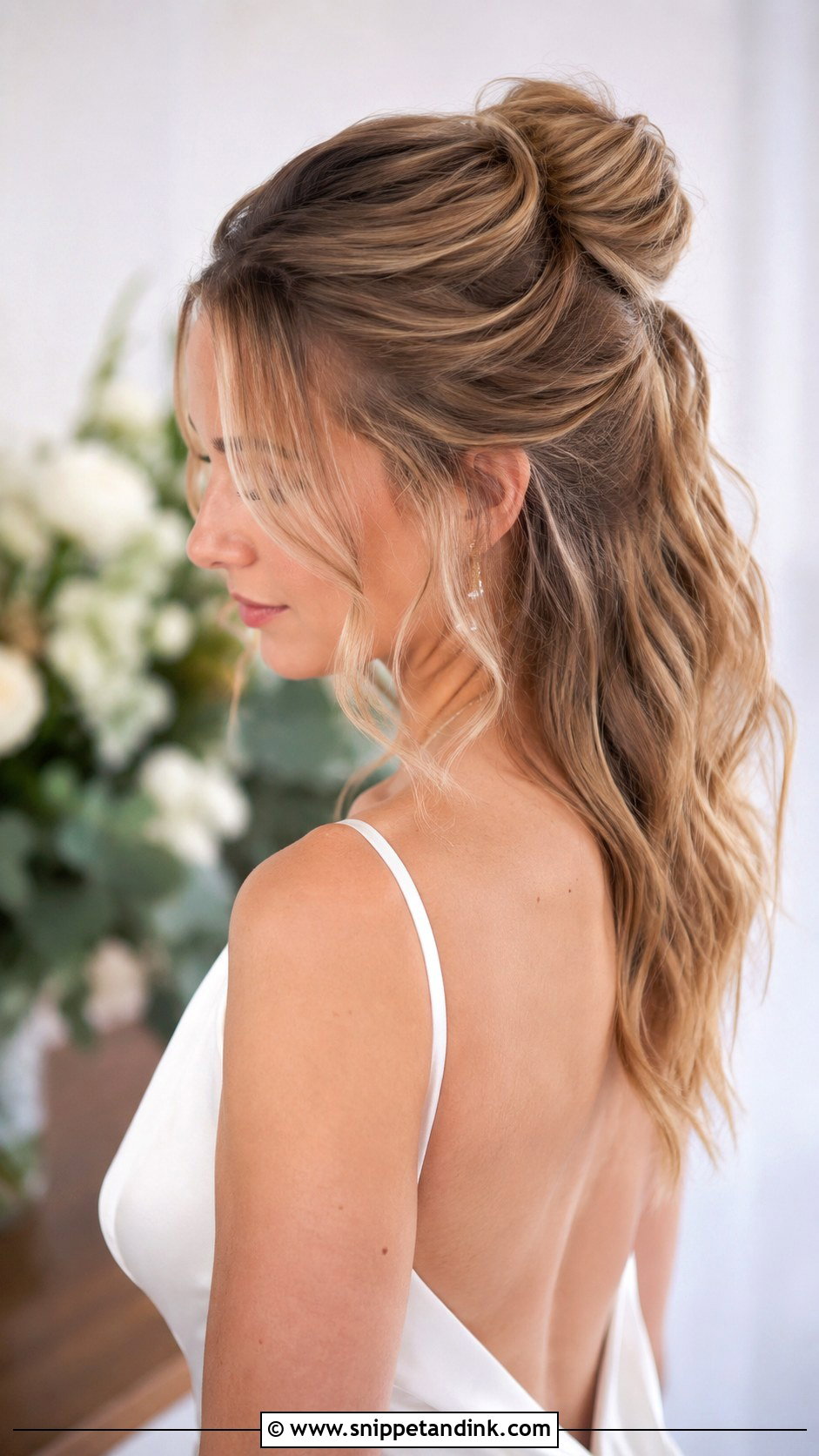 Half Up Bun With Loose Strands - Snippet and Ink - 30 Half-Up Wedding Hair Ideas