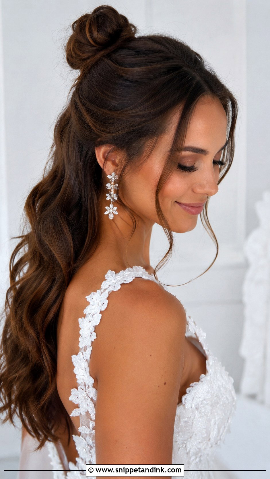 Half Up Bun With Loose Tendrils - Snippet and Ink - 20 Medium Length Wedding Half-Up Half-Down Ideas