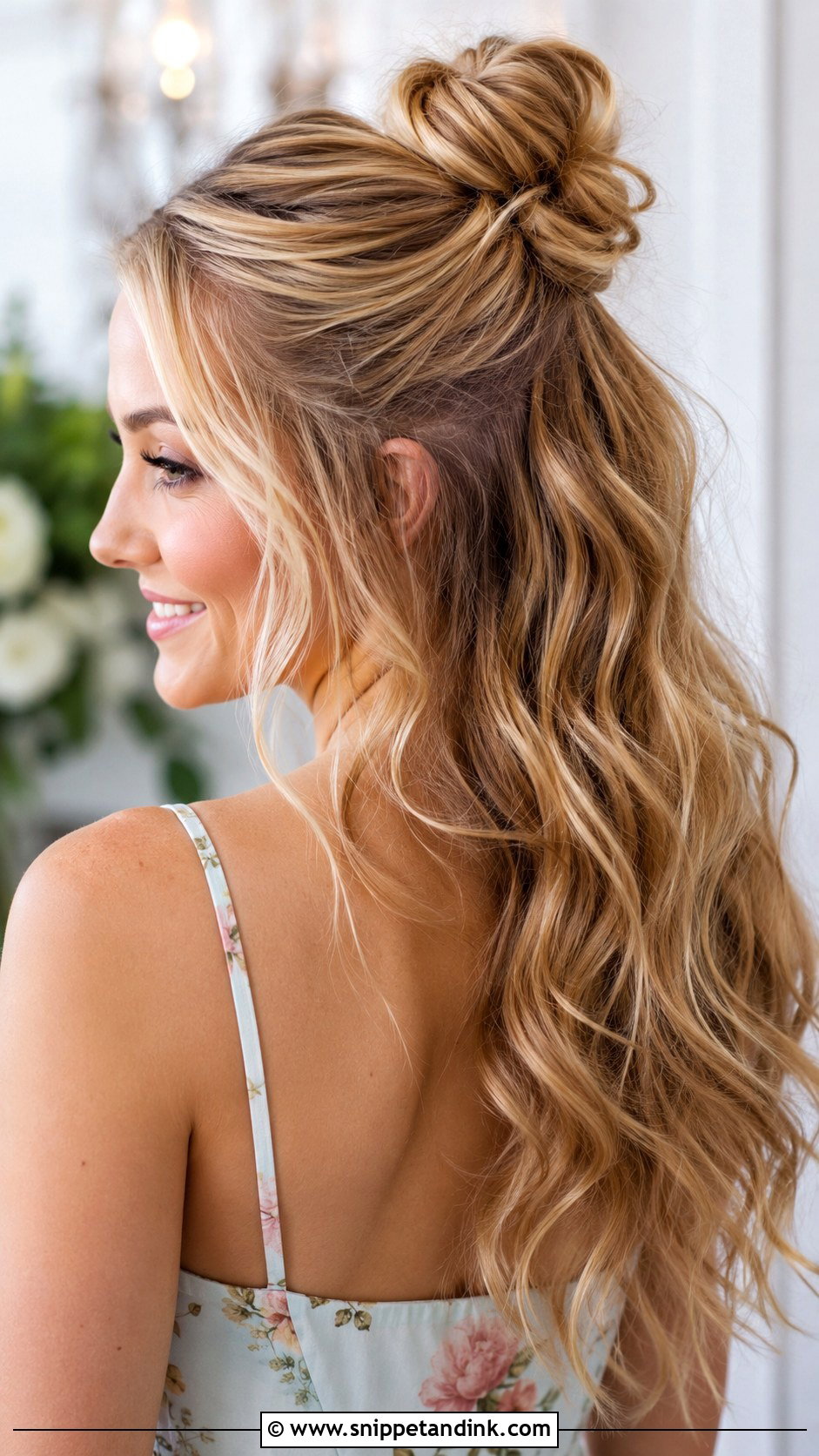 Half Up Bun With Loose Waves - Snippet and Ink - 20 Easy Half-Up Wedding Guest Hairstyles